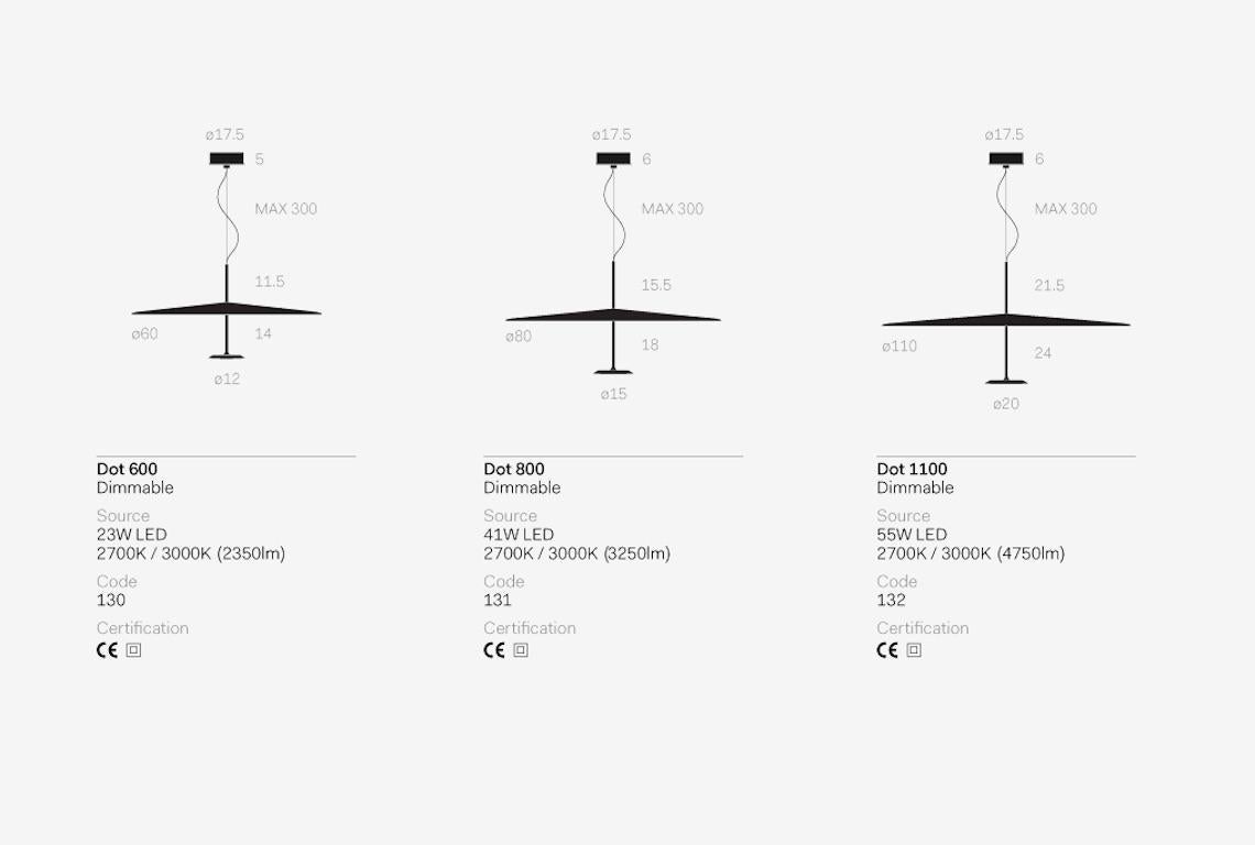 Suspended lamp for indirect lighting with a 40W LED source and diffused light optic system. Aluminum structure with steel matt-painted reflector. This item is also available in a small and large size on 1stdibs.

Dimmable
Source:
1× 40W