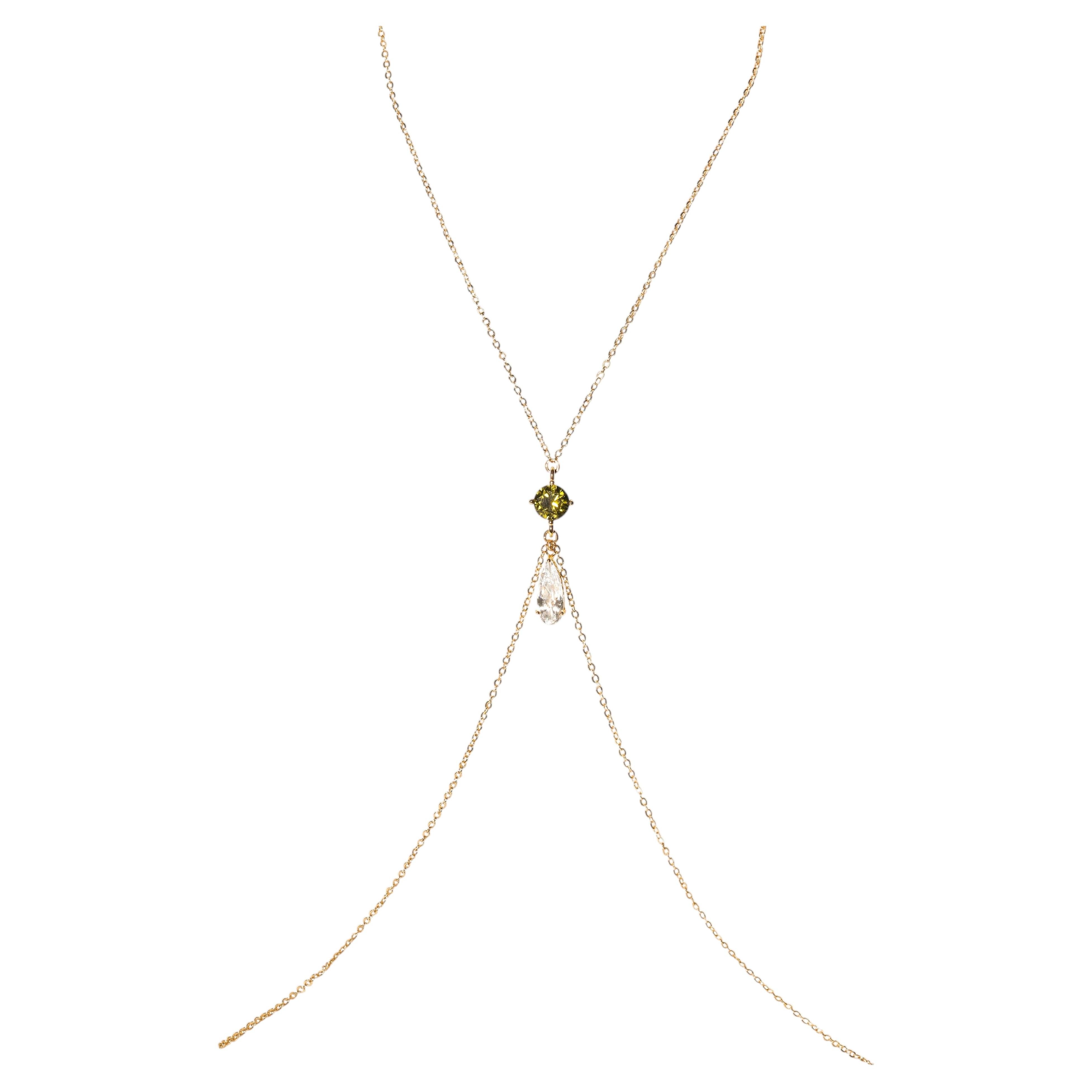 Catena da corpo Lumina Mini in verde peridoto con cristallo a goccia, placcata in oro 14k