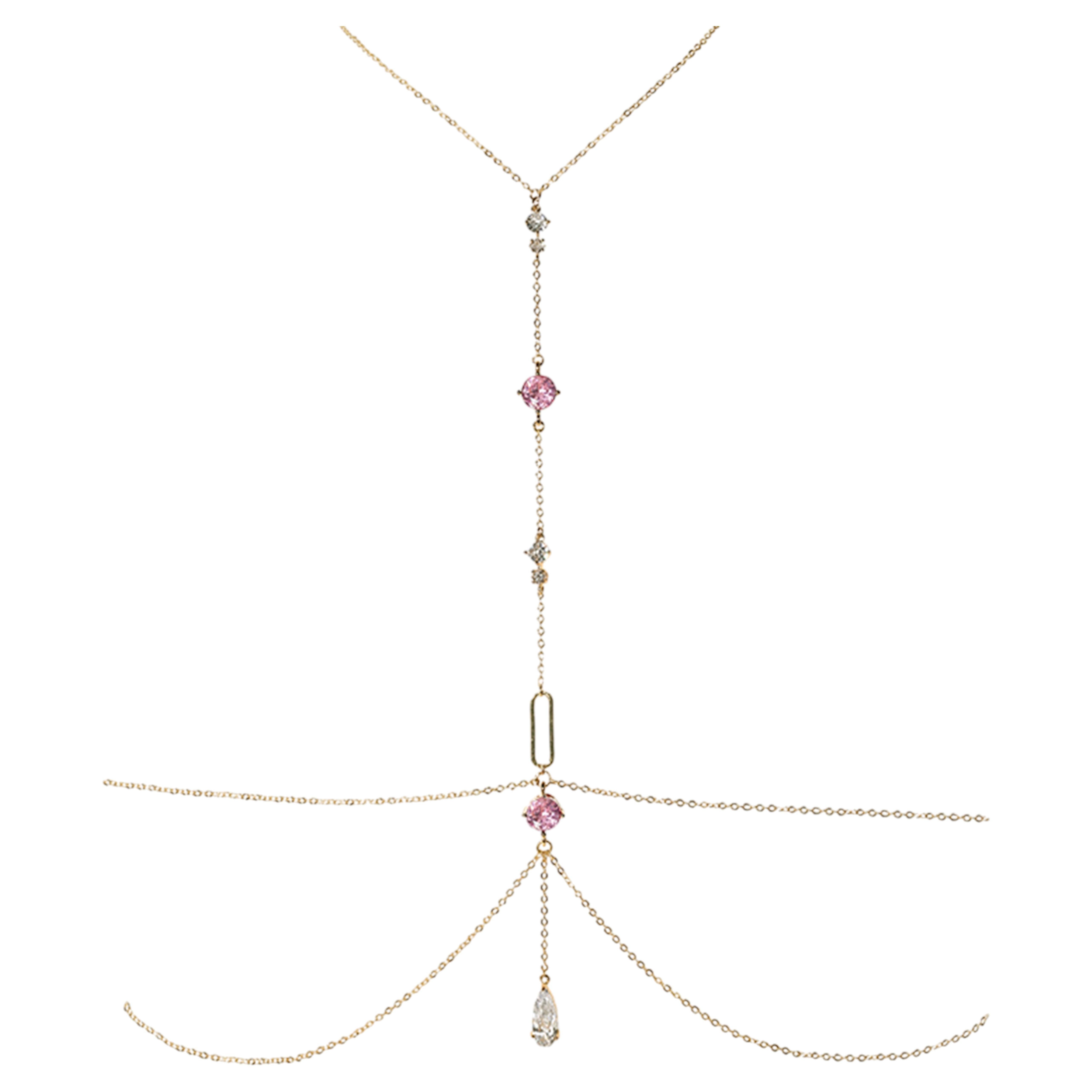 Cadena para el cuerpo Lumina T-Line en rosa brillante con una lágrima de cristal chapada en oro de 14k