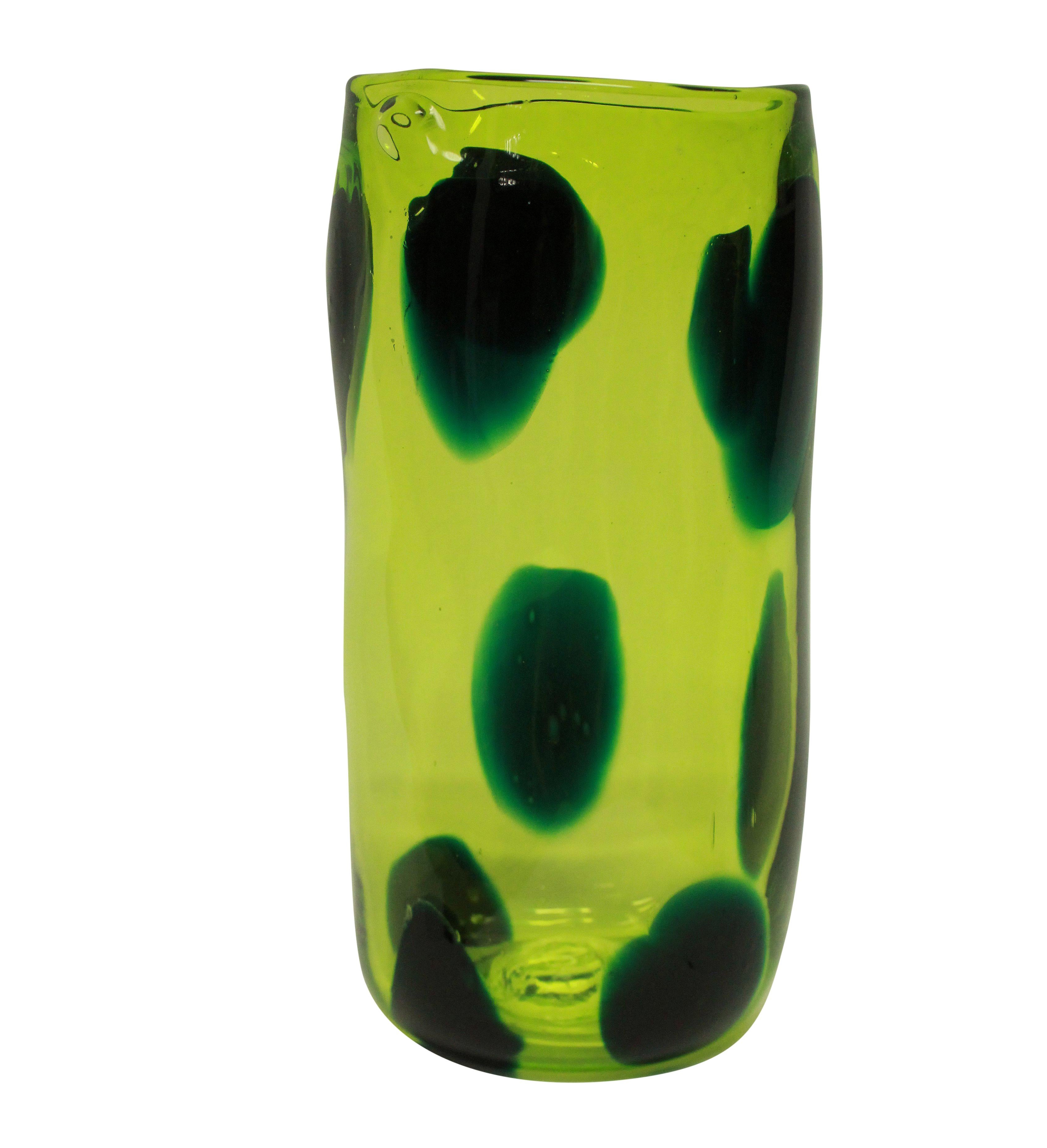 An English hand blown luminescent yellow glass vase with green by Stuart Akroyed. Signed and dated 19.05.1996.