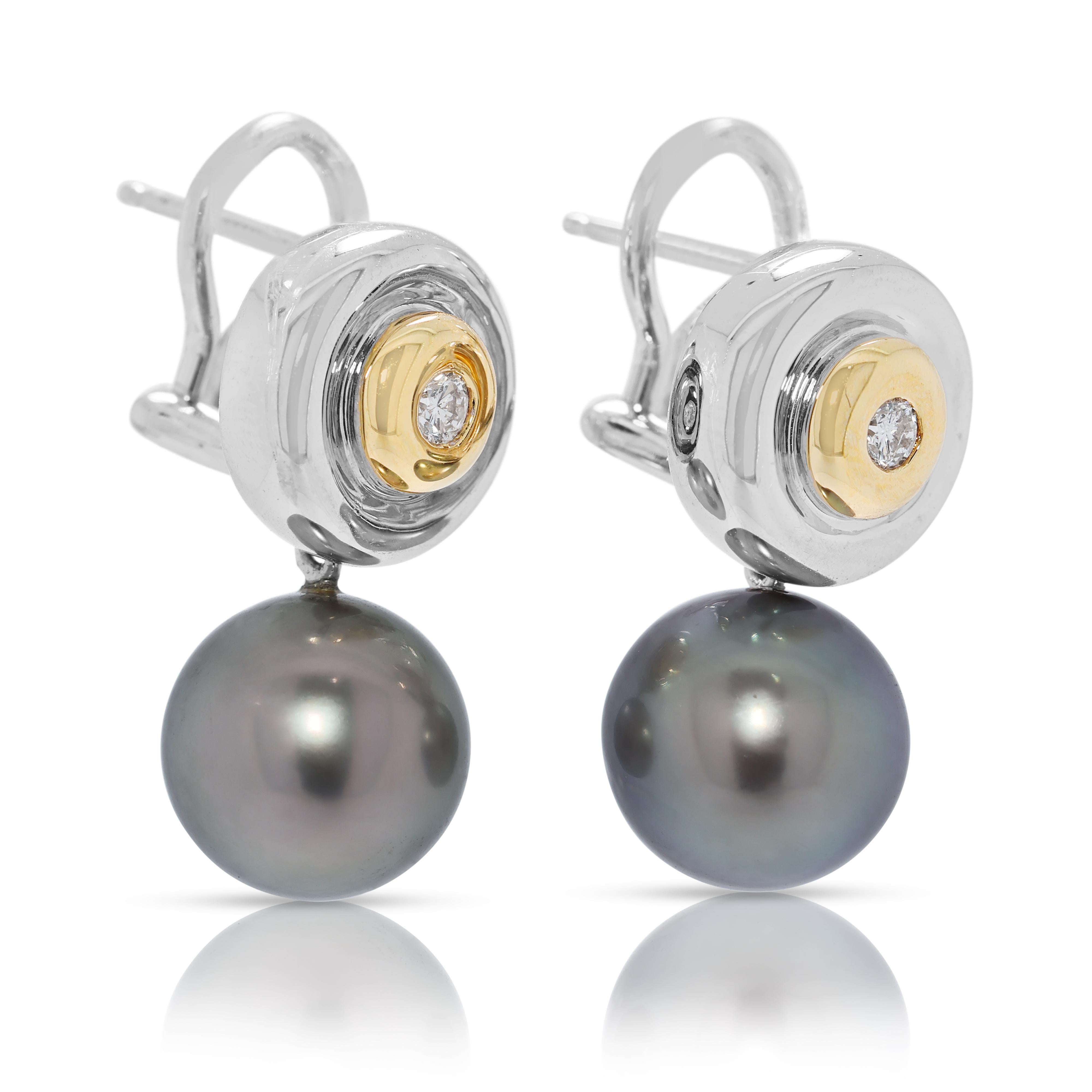 Pendientes Luminosos de Diamantes de 0,10 ct y Perlas del Mar del Sur de 10,42 mm en Oro Bicolor de 18 quilates Corte redondo en venta