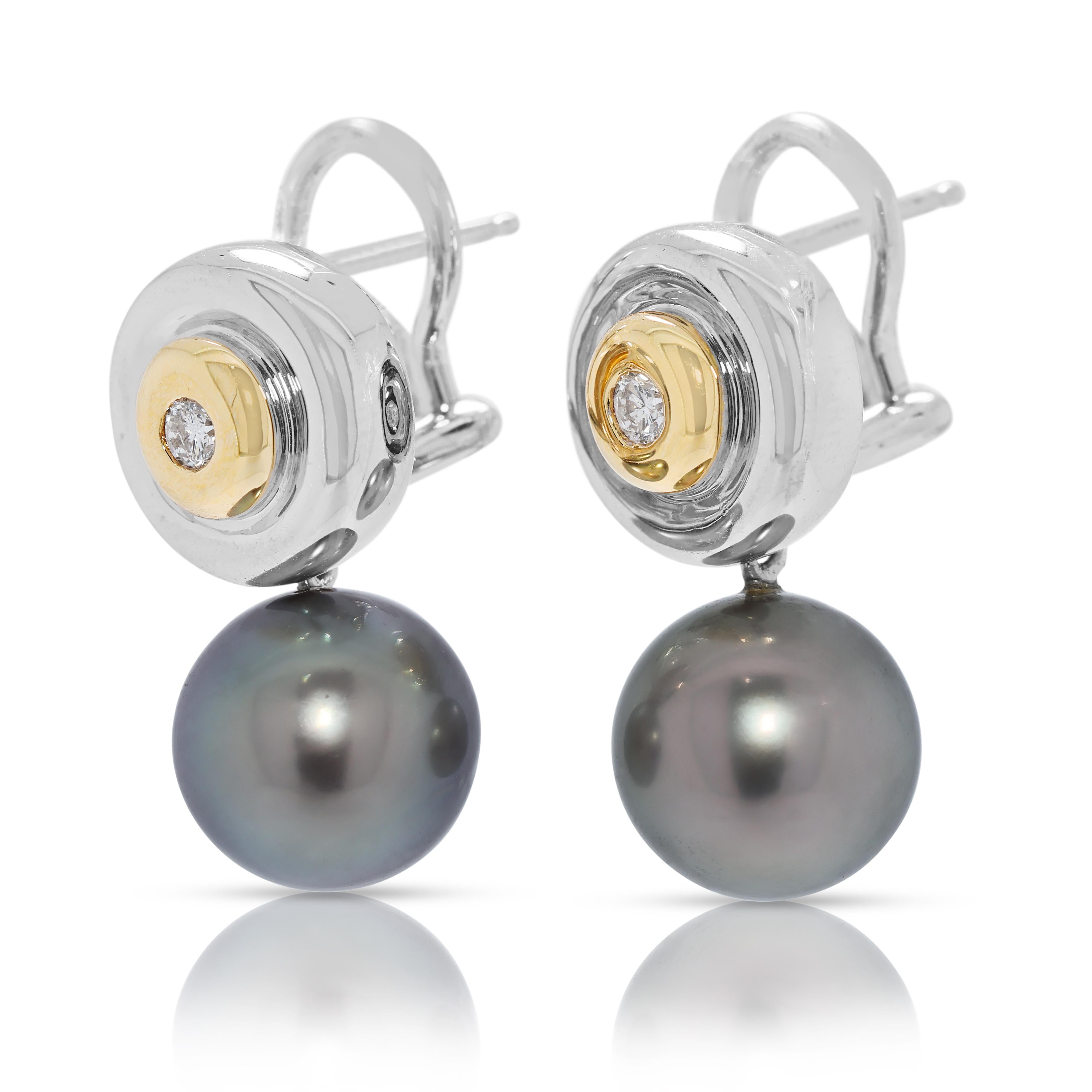 Pendientes Luminosos de Diamantes de 0,10 ct y Perlas del Mar del Sur de 10,42 mm en Oro Bicolor de 18 quilates en Excelente estado para la venta en רמת גן, IL