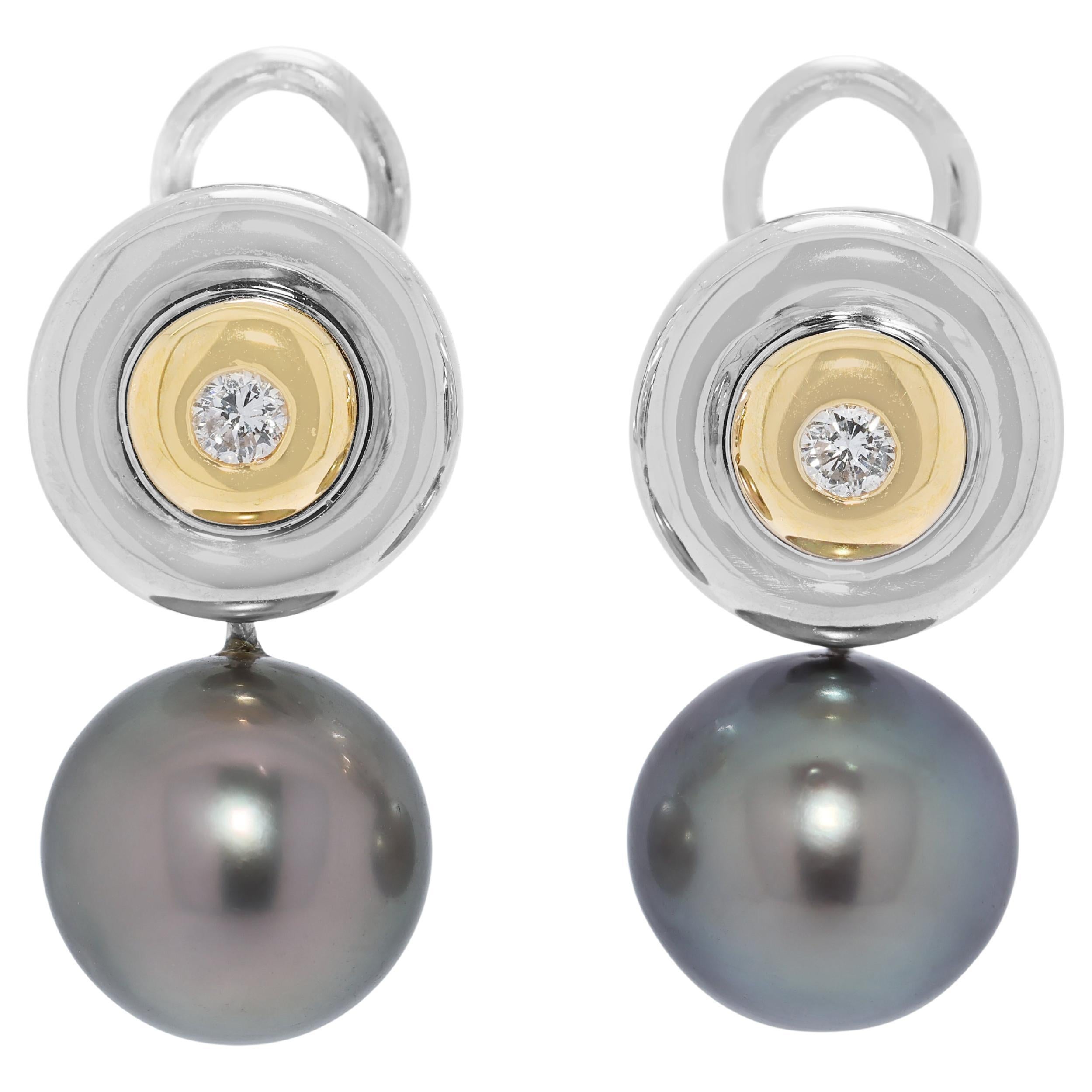 Luminous 0.10ct Diamond 
10.42mm South Sea Pearl Earrings in 18K Two-Toned Gold