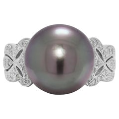 Luminous 0.21ct Natural Diamond & Greyish Black Pearl in 18K White Gold Ring (bague en or blanc 18 carats)