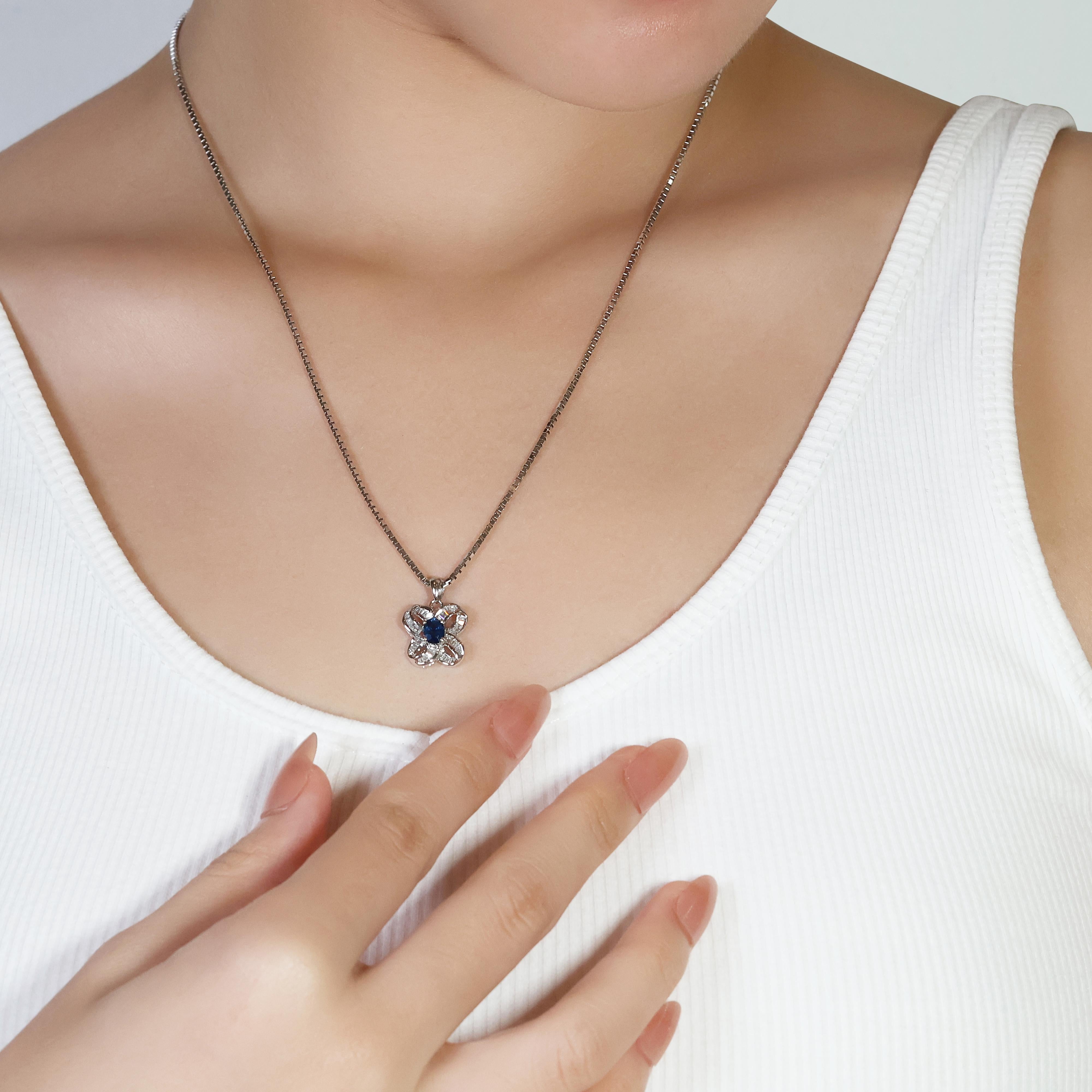 Luminous 0.30 Carat Sapphire Pendant w/ Diamonds in 18K White Gold -Pendant Only For Sale 2