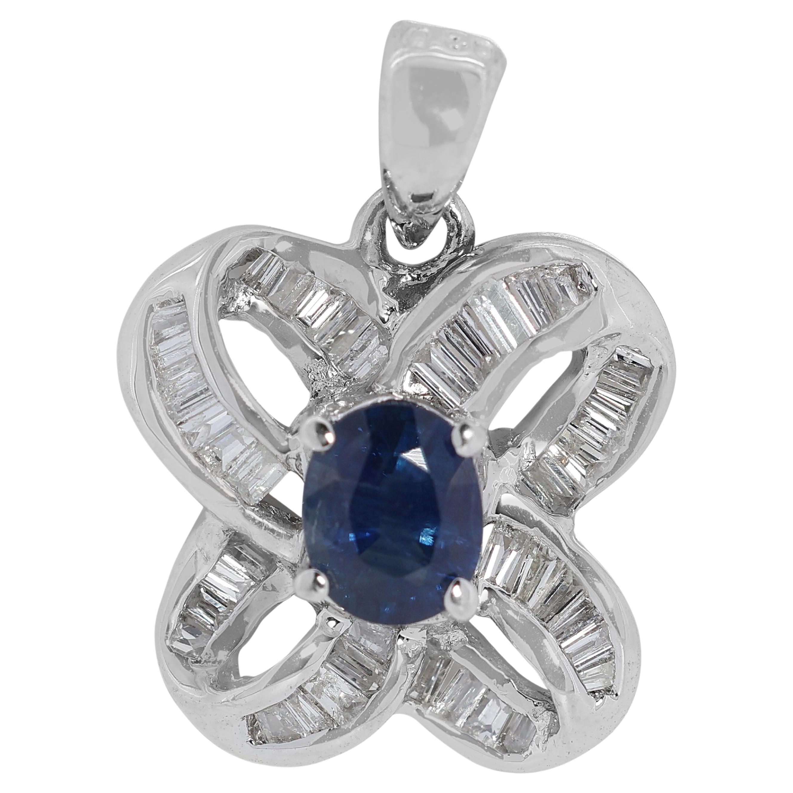 Luminous 0.30 Carat Sapphire Pendant w/ Diamonds in 18K White Gold -Pendant Only For Sale