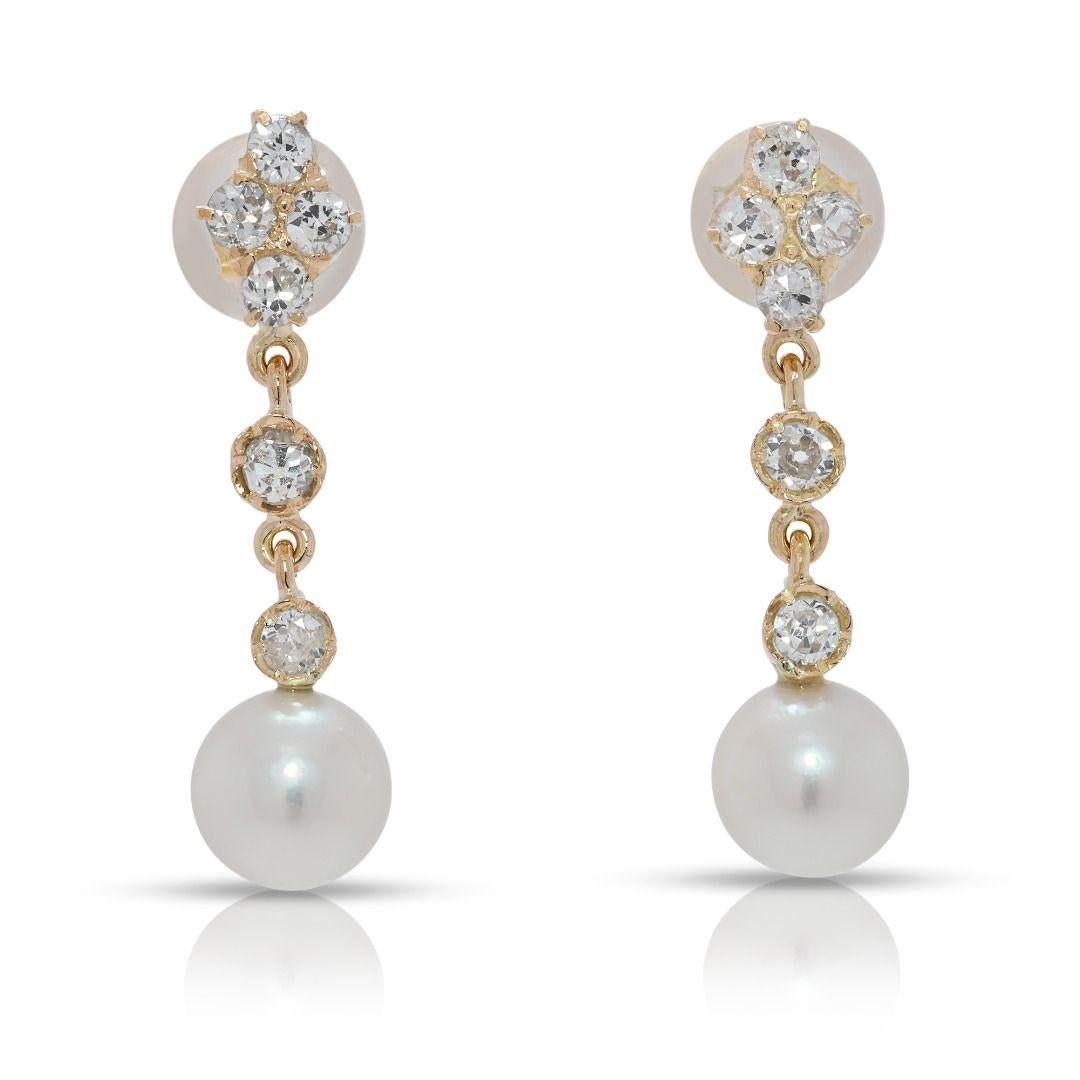 Luminous 0.30ct Natural Diamond & Akoya Pearl 18K Yellow Gold Dangle Earrings