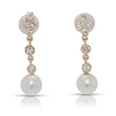 Luminous 0.30ct Natural Diamond & Akoya Pearl 18K Yellow Gold Dangle Earrings