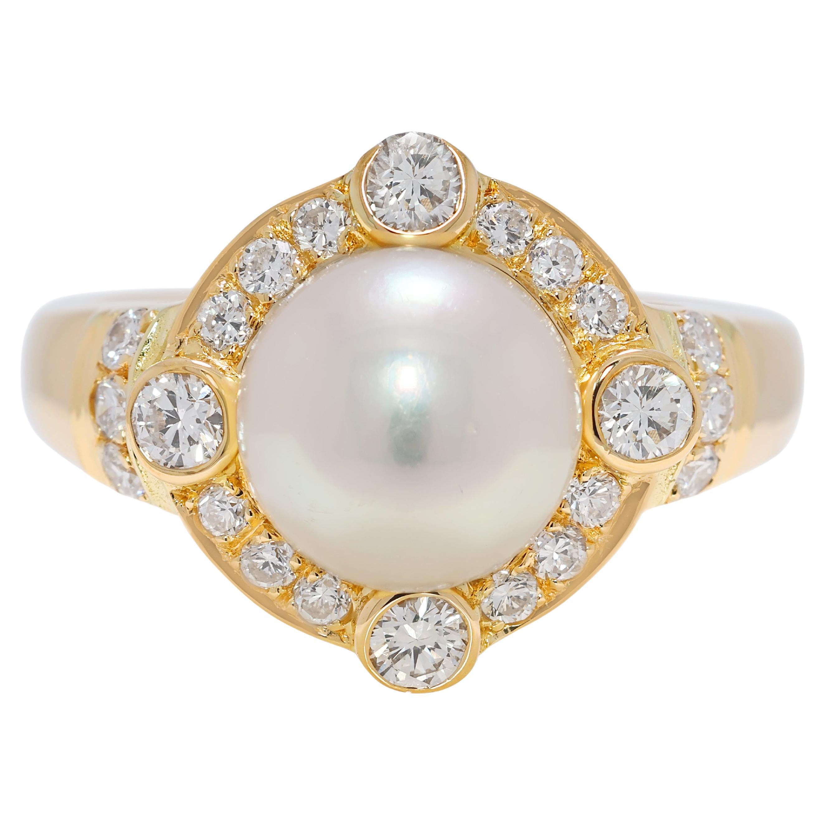 Luminous 0.39ct Natural Diamond & Akoya Pearl Ring in 18K Yellow Gold