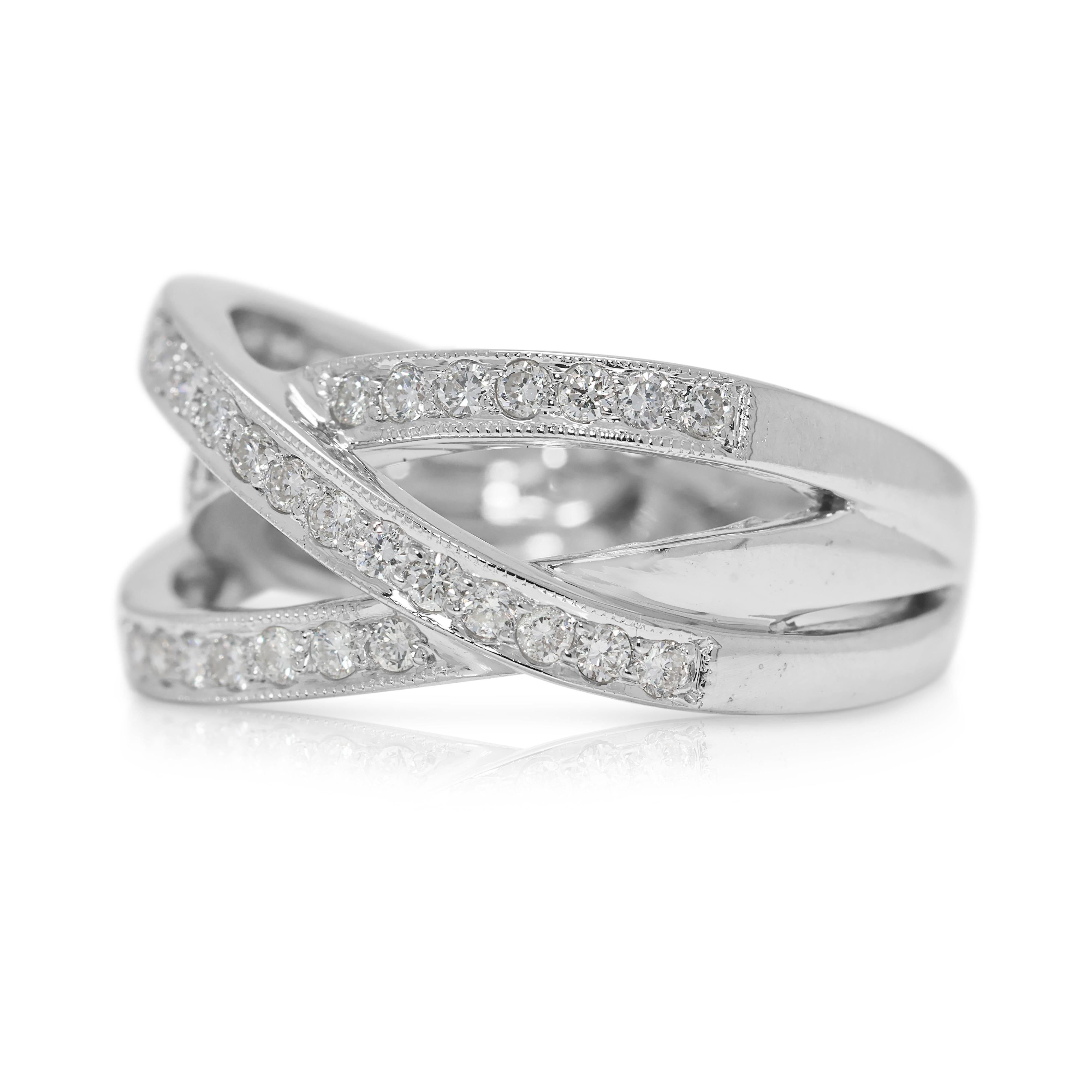 Luminous 0.48ct Natural Diamond Crossover Ring in 18K White Gold For Sale 1