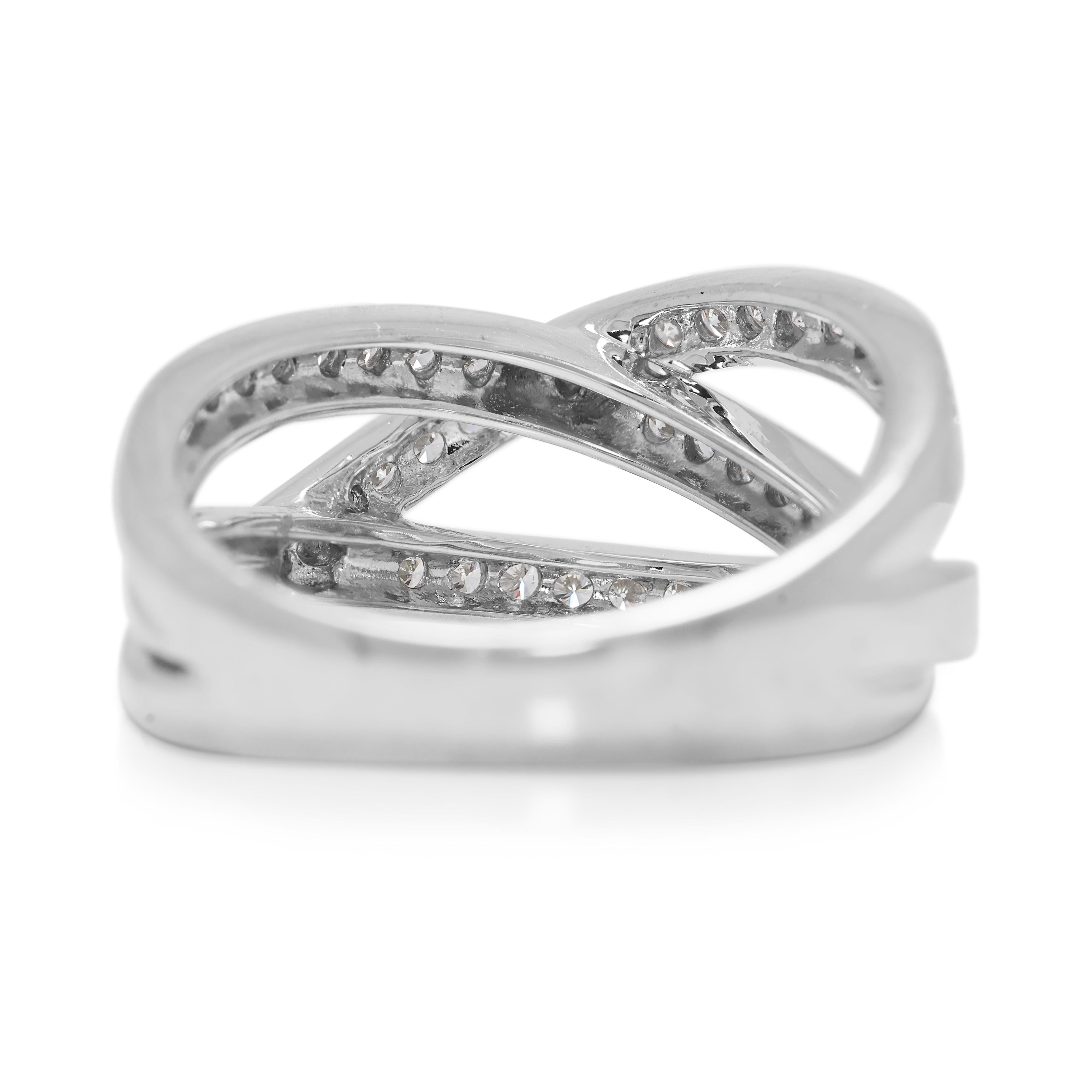 Luminous 0.48ct Natural Diamond Crossover Ring in 18K White Gold For Sale 2