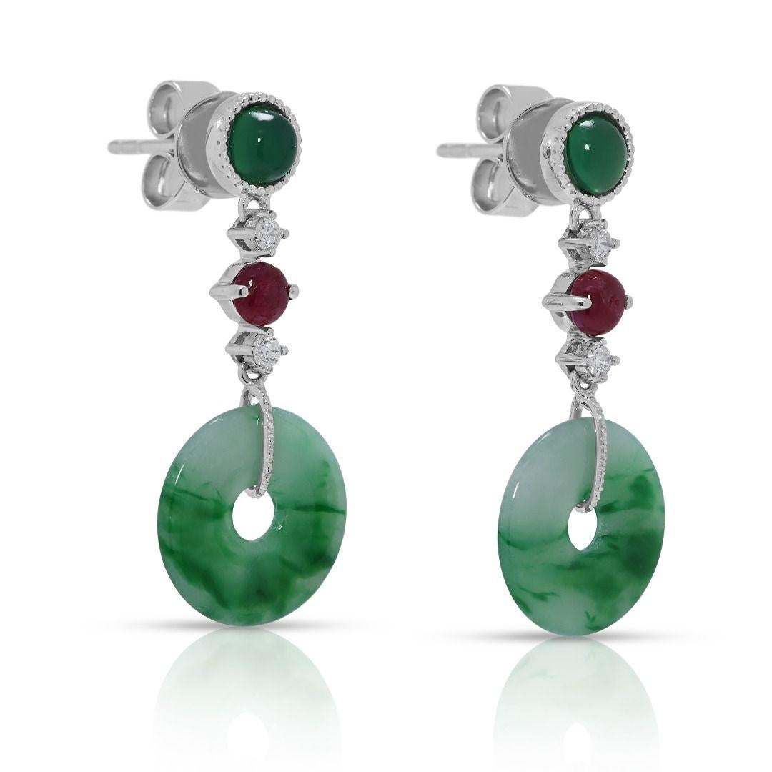 Taglio rotondo Luminous 0.82ct Natural Diamond, Ruby, Chalcedony & Jade Drop Earrings in vendita