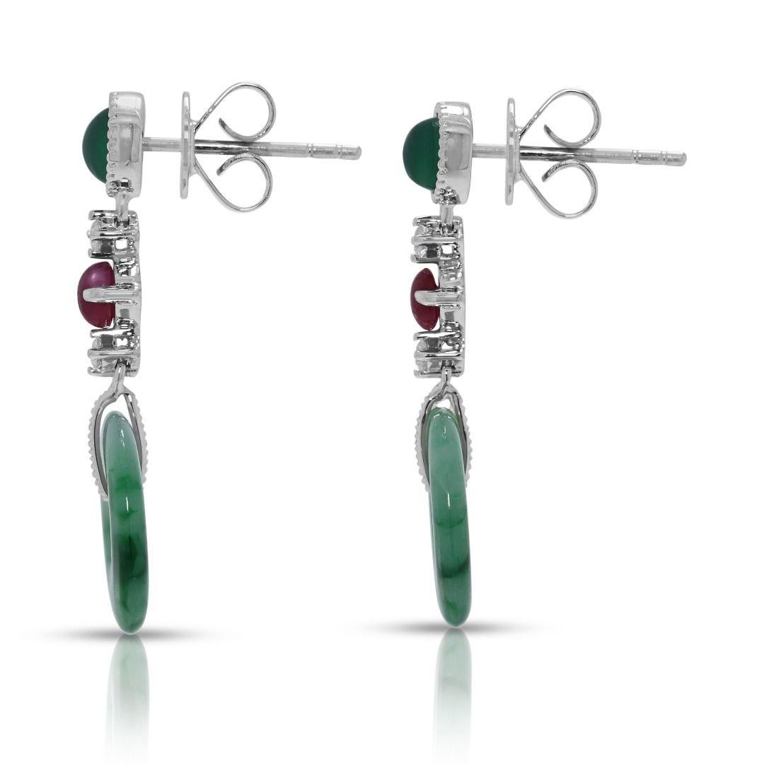 da uomo o donna Luminous 0.82ct Natural Diamond, Ruby, Chalcedony & Jade Drop Earrings in vendita