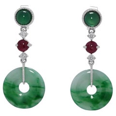 Luminous 0.82ct Natural Diamond, Ruby, Chalcedony & Jade Drop Earrings
