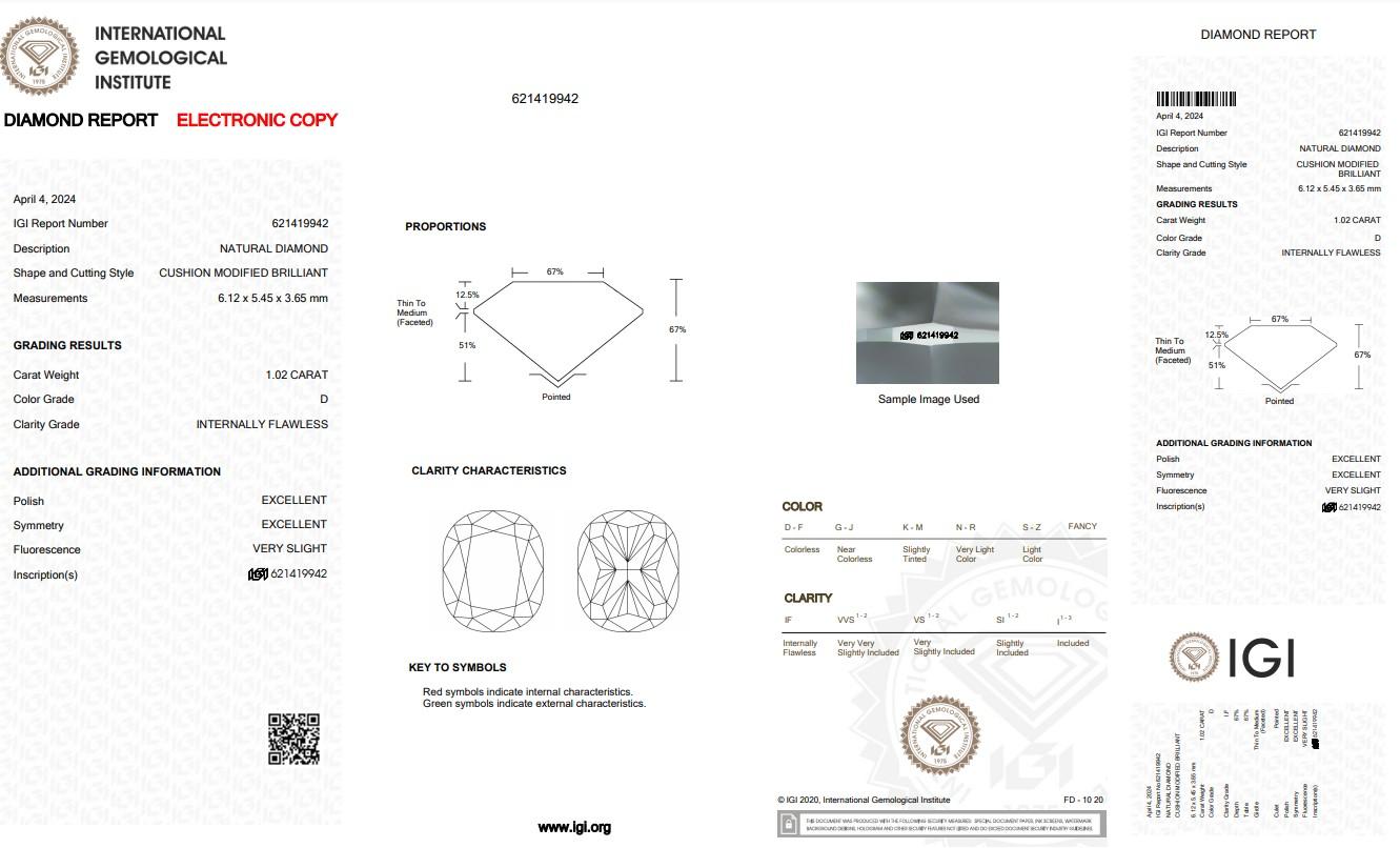 Cushion Cut Luminous 1 pc Ideal Cut Natural Diamond w/1.02 ct - IGI Certified  For Sale