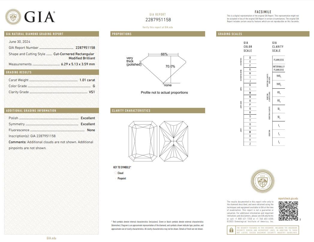 Luminoso diamante a forma di rettangolo con taglio ideale doppio eccellente da 1,01 carati - Certificato GIA

Eleva la tua collezione di gioielli con questo squisito diamante rettangolare da 1.01 carati con taglio ad angolo. Il suo doppio taglio