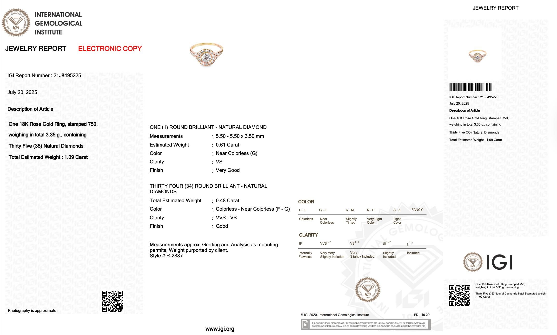 Luminous 1.09ct Diamonds Halo Ring in 18k Rose Gold - IGI Certified Pour femmes en vente