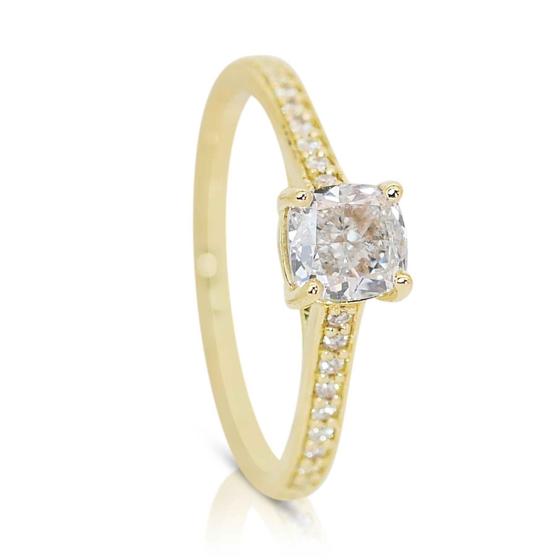 Cushion Cut Luminous 1.17ct Diamond Pave Ring in 18k Yellow Gold – GIA Certified