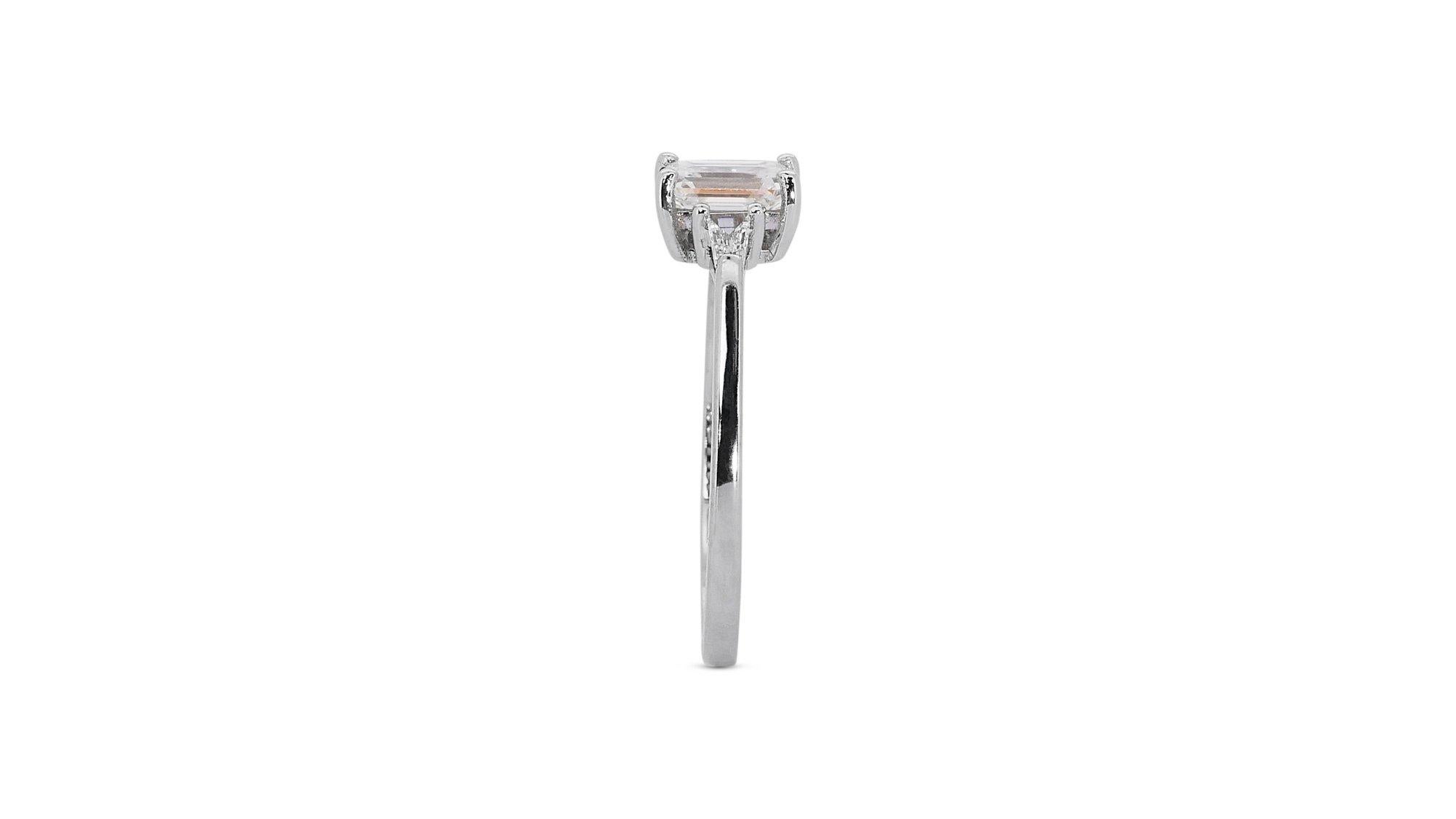 Emerald Cut Luminous 1.28ct Diamonds 3-Stone Ring in 18k White Gold - GIA Certified For Sale