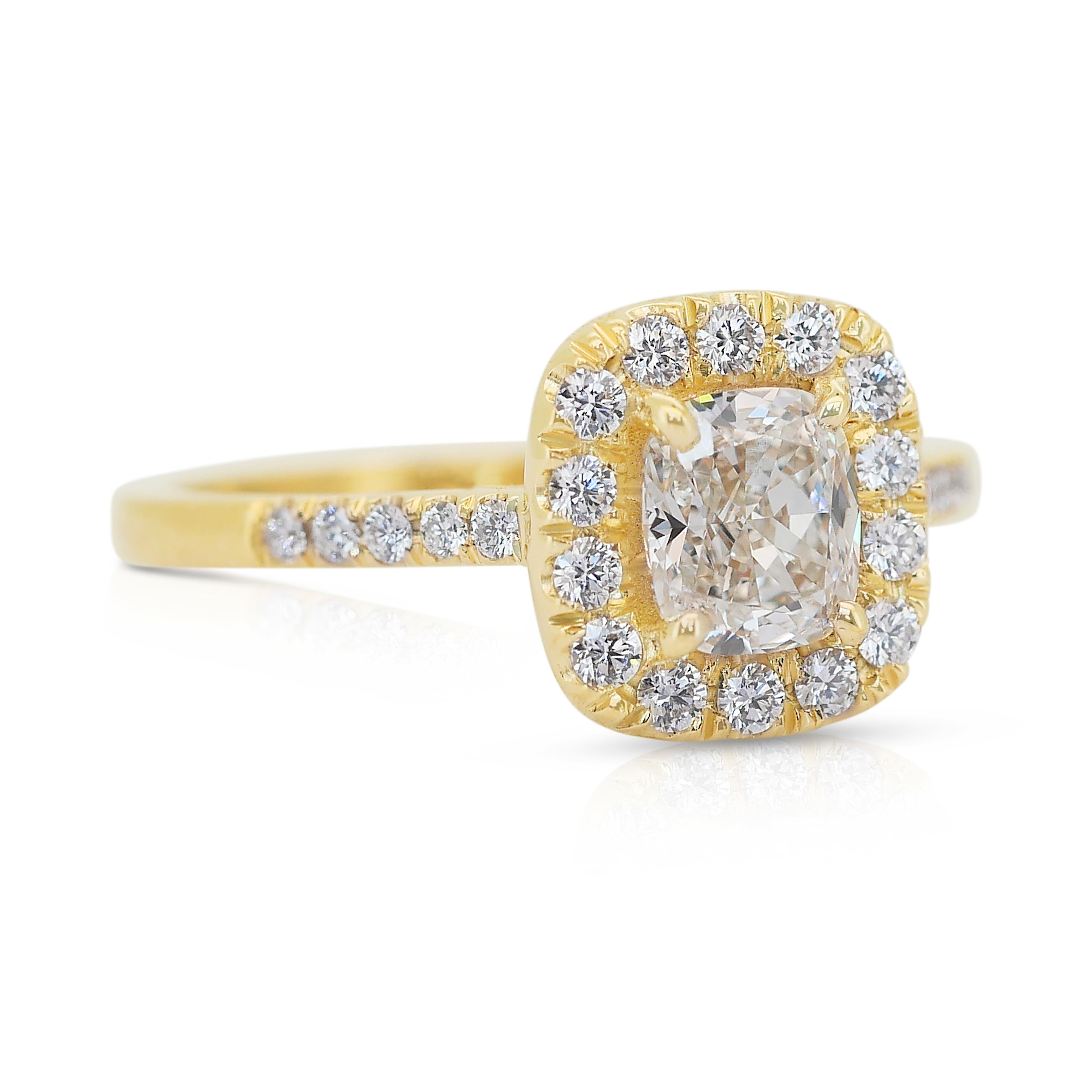 Luminous 1.28ct Diamonds Halo Ring in 18k Yellow Gold - IGI Certified

Embrace timeless elegance with this 18K yellow gold diamond halo ring, featuring a 0.95ct cushion-cut center diamond. Surrounding the center stone are 24 round side diamonds with