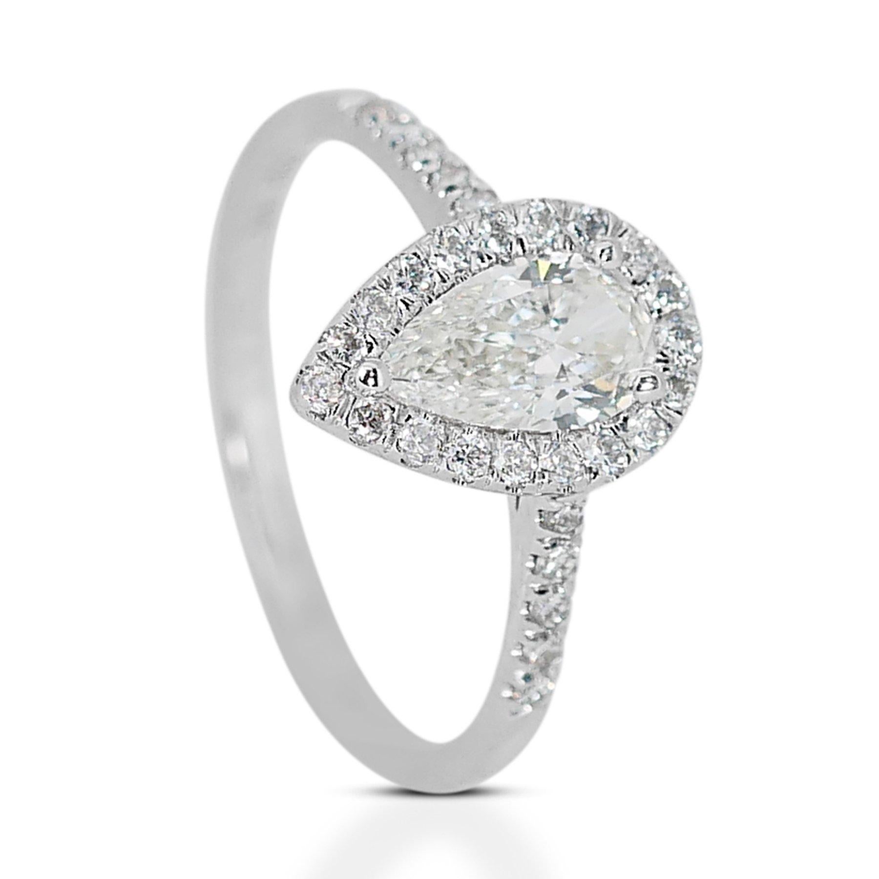 Pear Cut Luminous 1.32ct Double Excellent Ideal Cut Diamonds Halo Ring in 18k White Gold For Sale