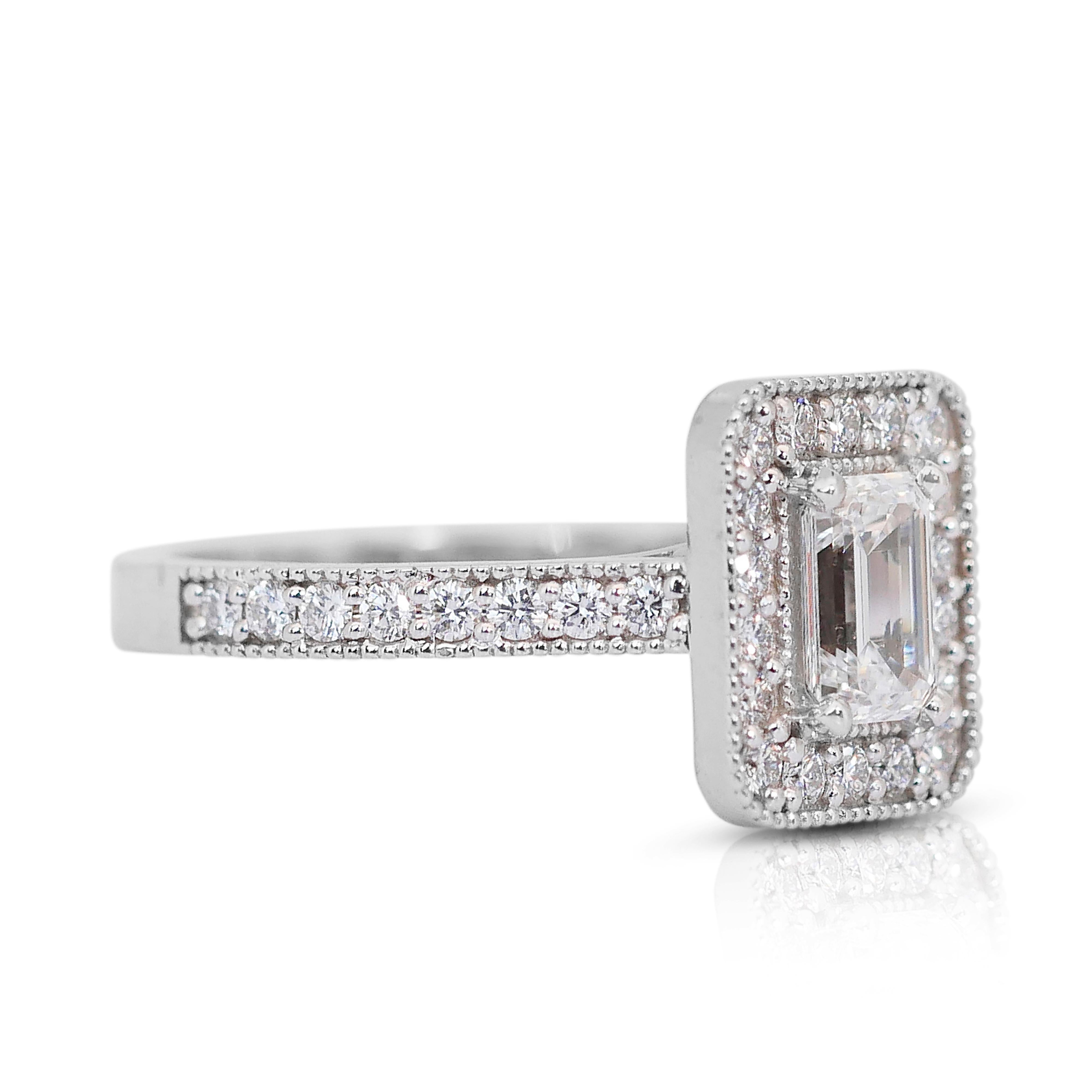 Emerald Cut Luminous 1.35ct Double Excellent Ideal Cut Diamonds Halo Ring in 18k White Gold