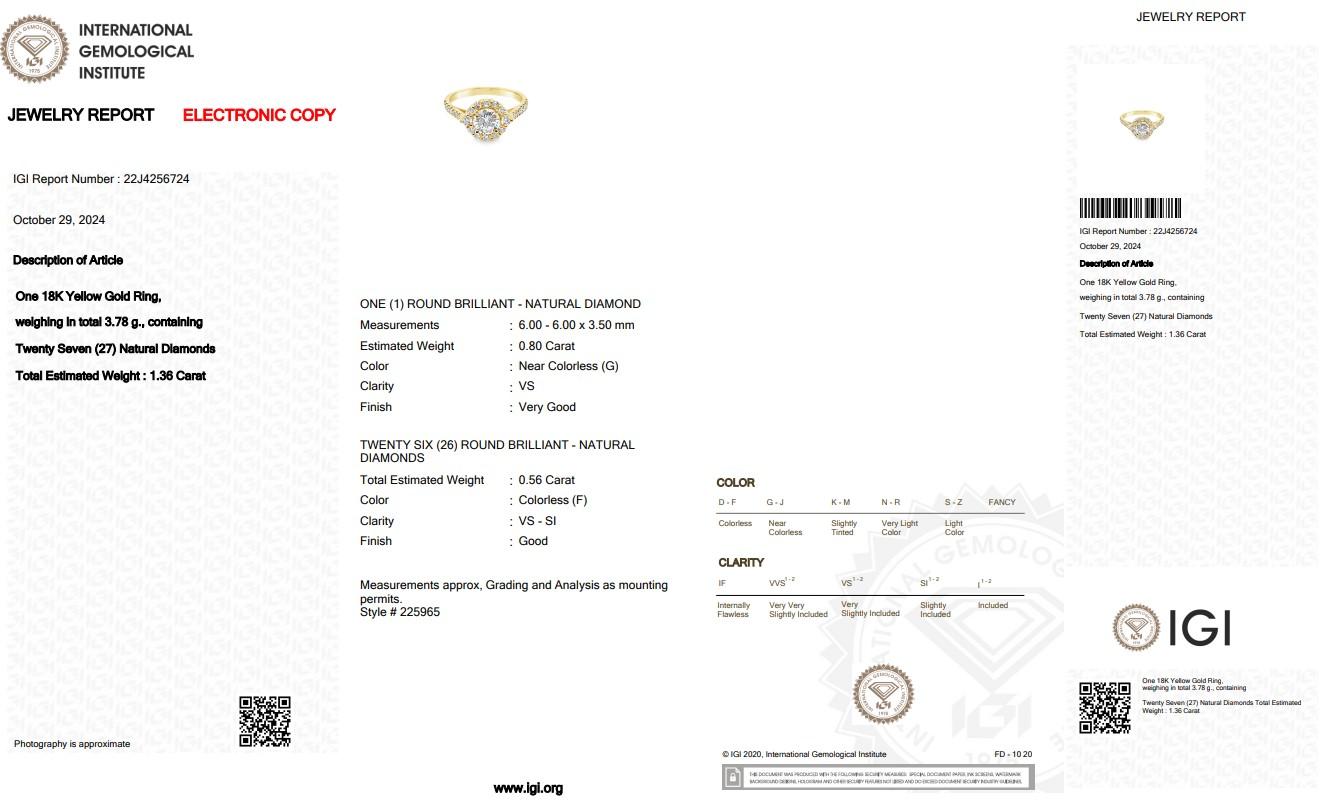 Women's Luminous 1.36ct Diamonds Halo Ring in 18k Yellow Gold - IGI Certified