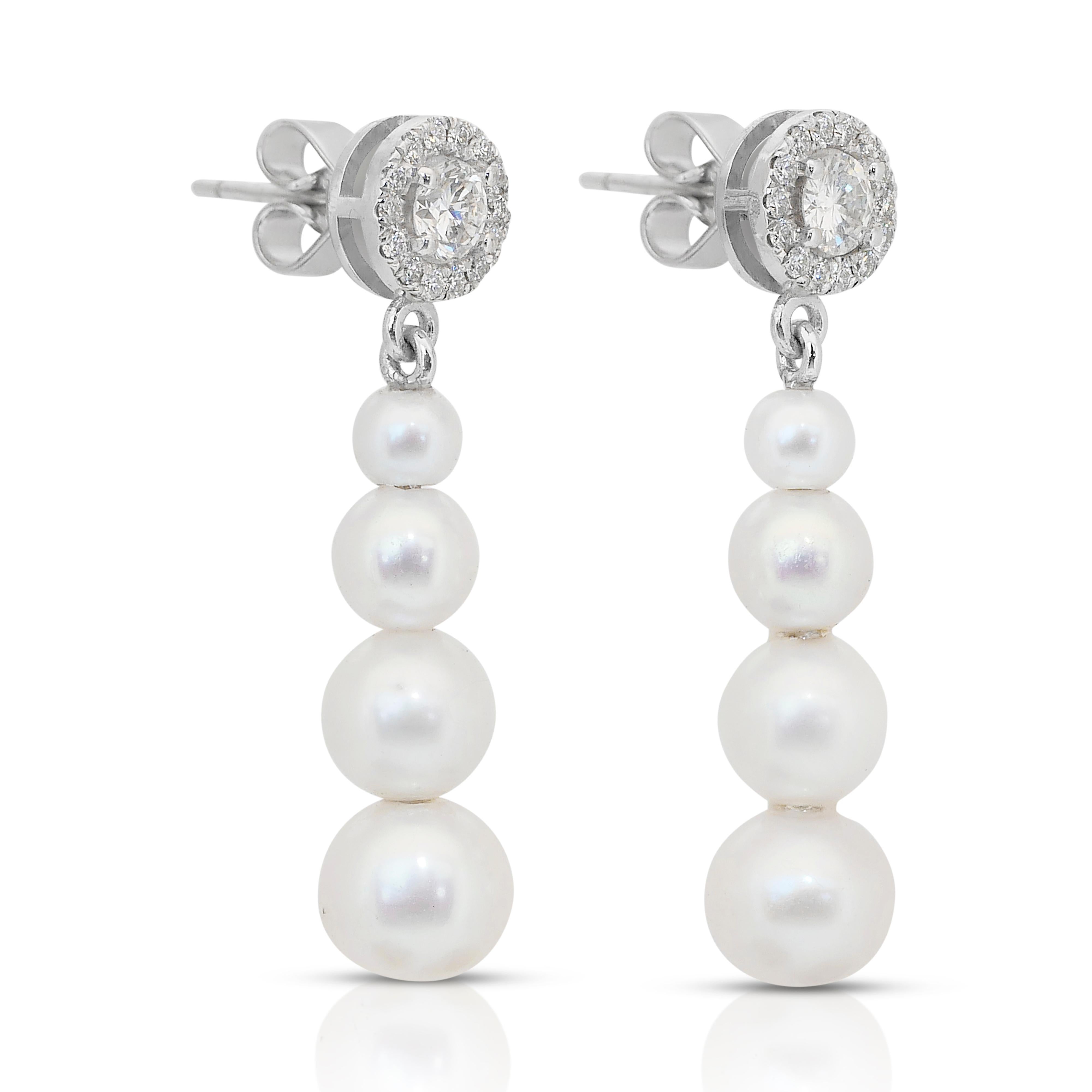Round Cut Luminous 13.85ct Fresh Water Cultured Pearls and Diamonds Drop Earrings For Sale