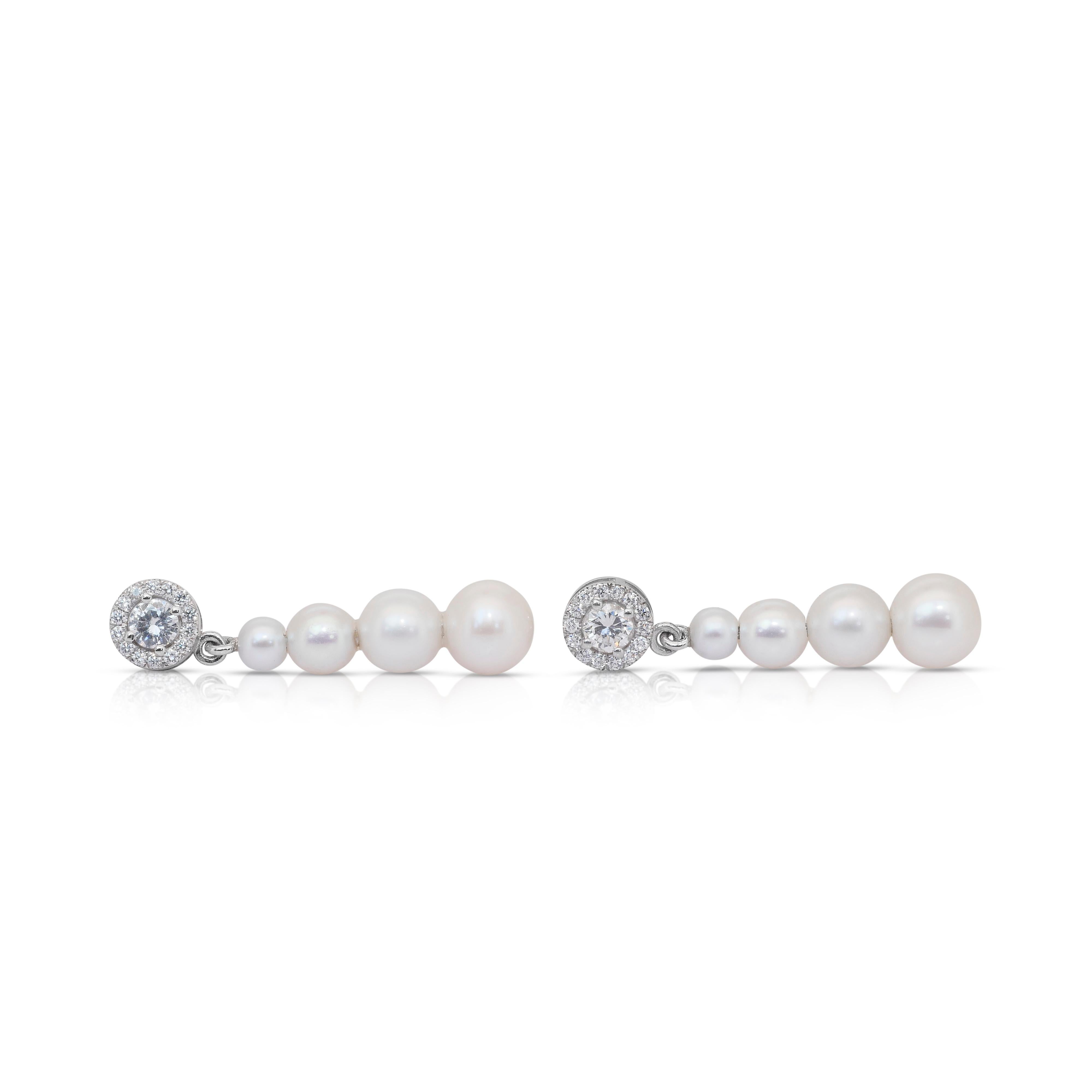 Luminous 13.85ct Fresh Water Cultured Pearls and Diamonds Drop Earrings For Sale 2