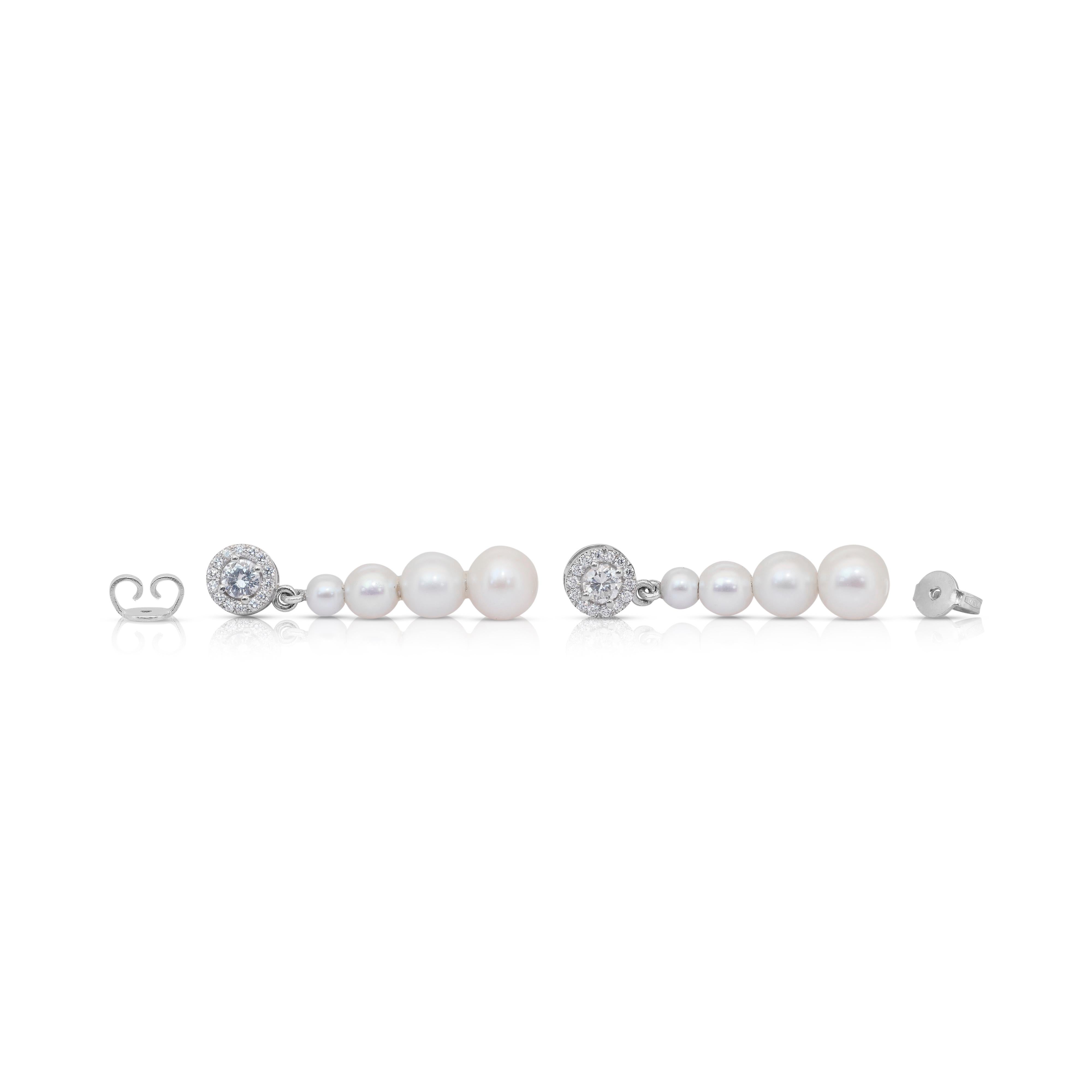 Luminous 13.85ct Fresh Water Cultured Pearls and Diamonds Drop Earrings For Sale 4