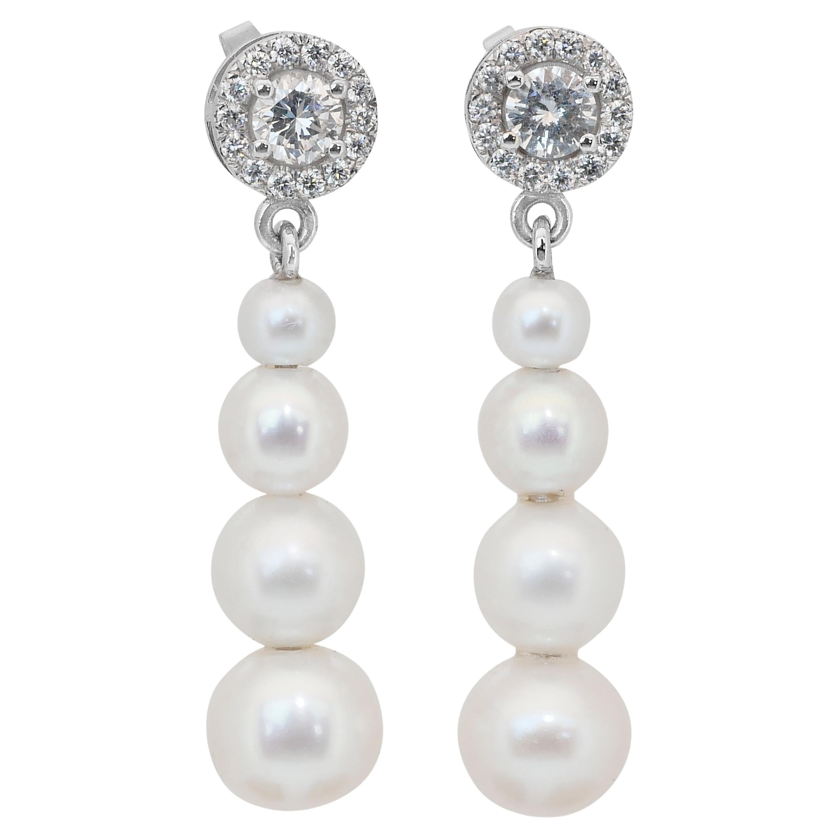 Luminous 13.85ct Fresh Water Cultured Pearls and Diamonds Drop Earrings For Sale