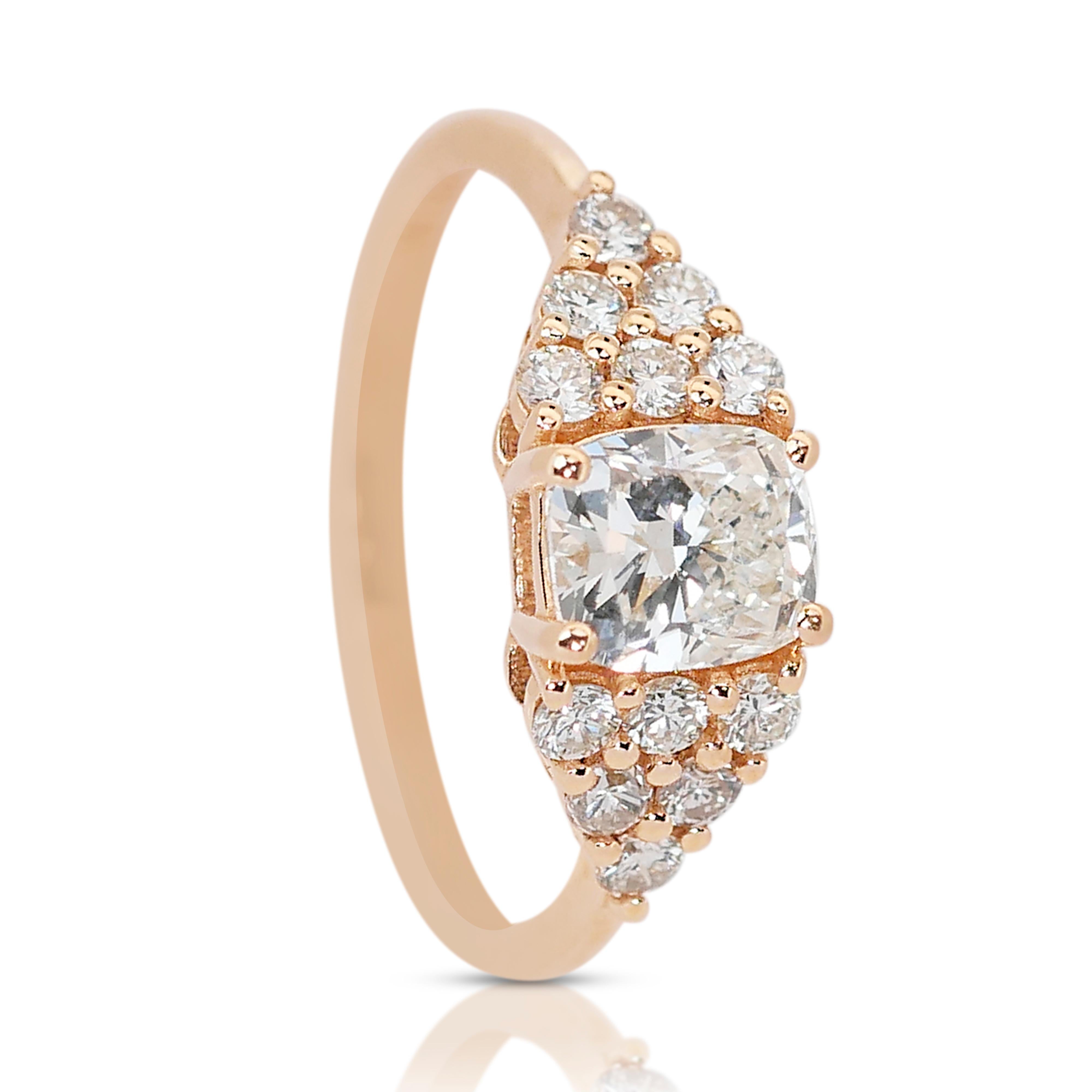 Cushion Cut Luminous 1.41ct Diamonds Pave Ring in 18k Yellow Gold - IGI Certified For Sale