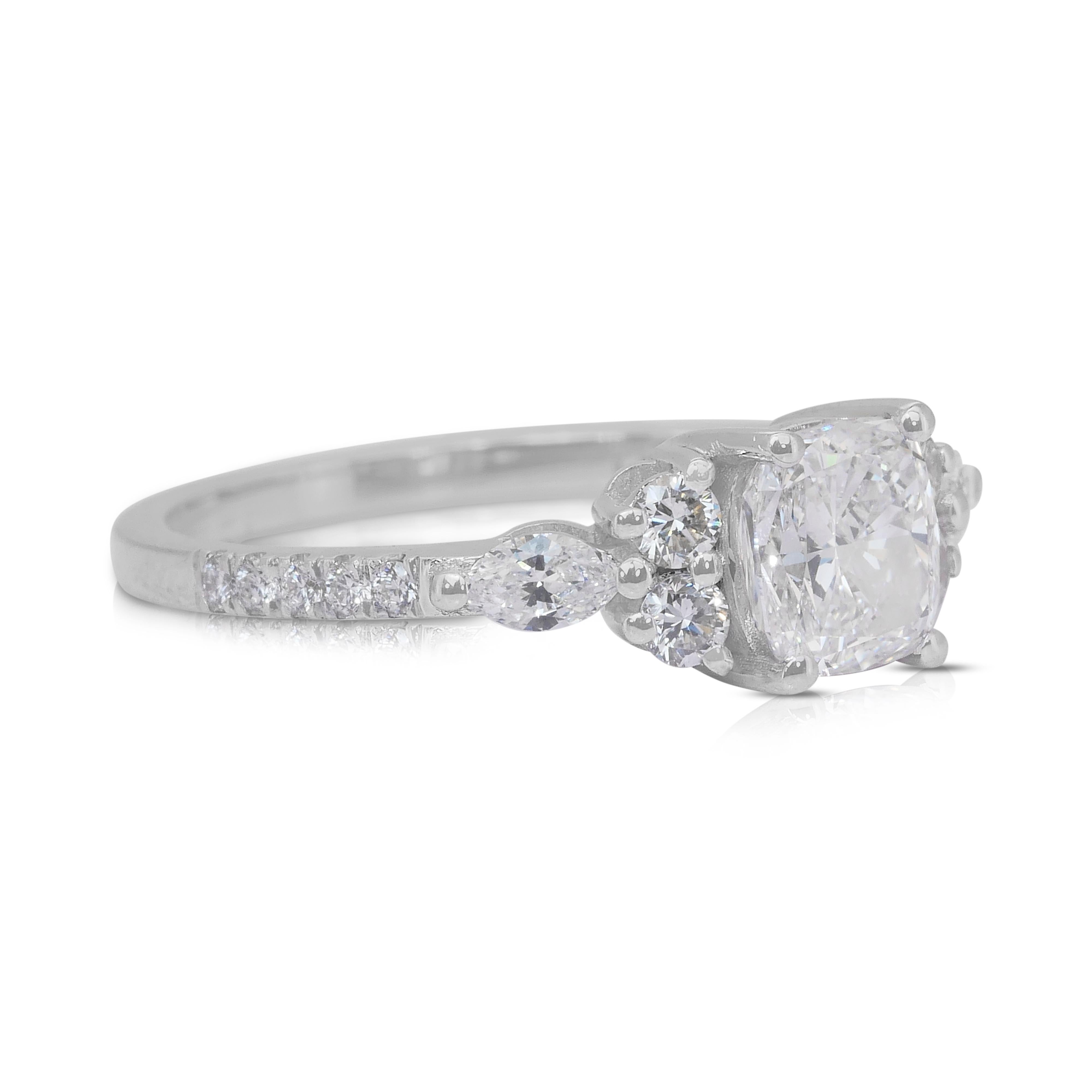 Cushion Cut Luminous 1.43ct Diamonds Pave Ring in 18k White Gold - GIA Certified For Sale