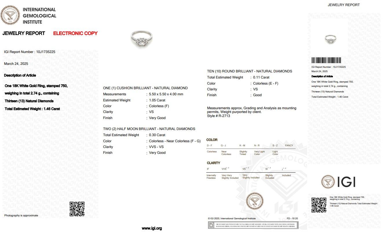 Anello Luminoso con 3 pietre di diamanti da 1,46 carati in oro bianco 18 carati - Certificato IGI in vendita 1