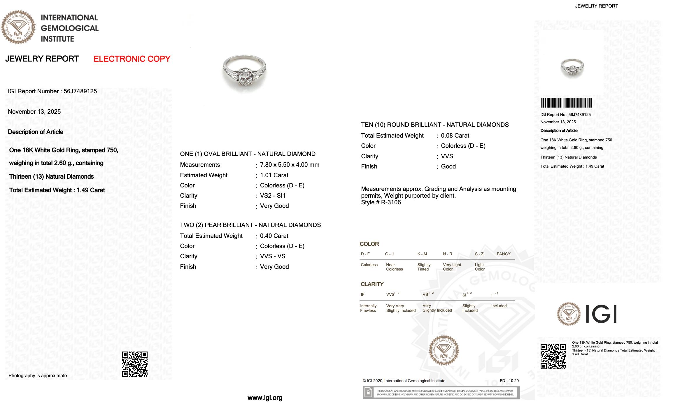 Anello Luminoso con 3 pietre e 1,49 carati di diamanti in oro bianco 18 carati - Certificato IGI in vendita 1