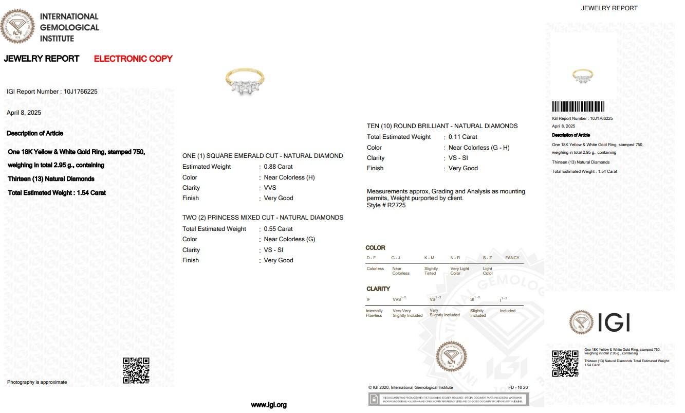 Anello Luminoso con 3 pietre di diamanti da 1,54 carati in oro giallo e bianco 18k - Certificato IGI in vendita 1