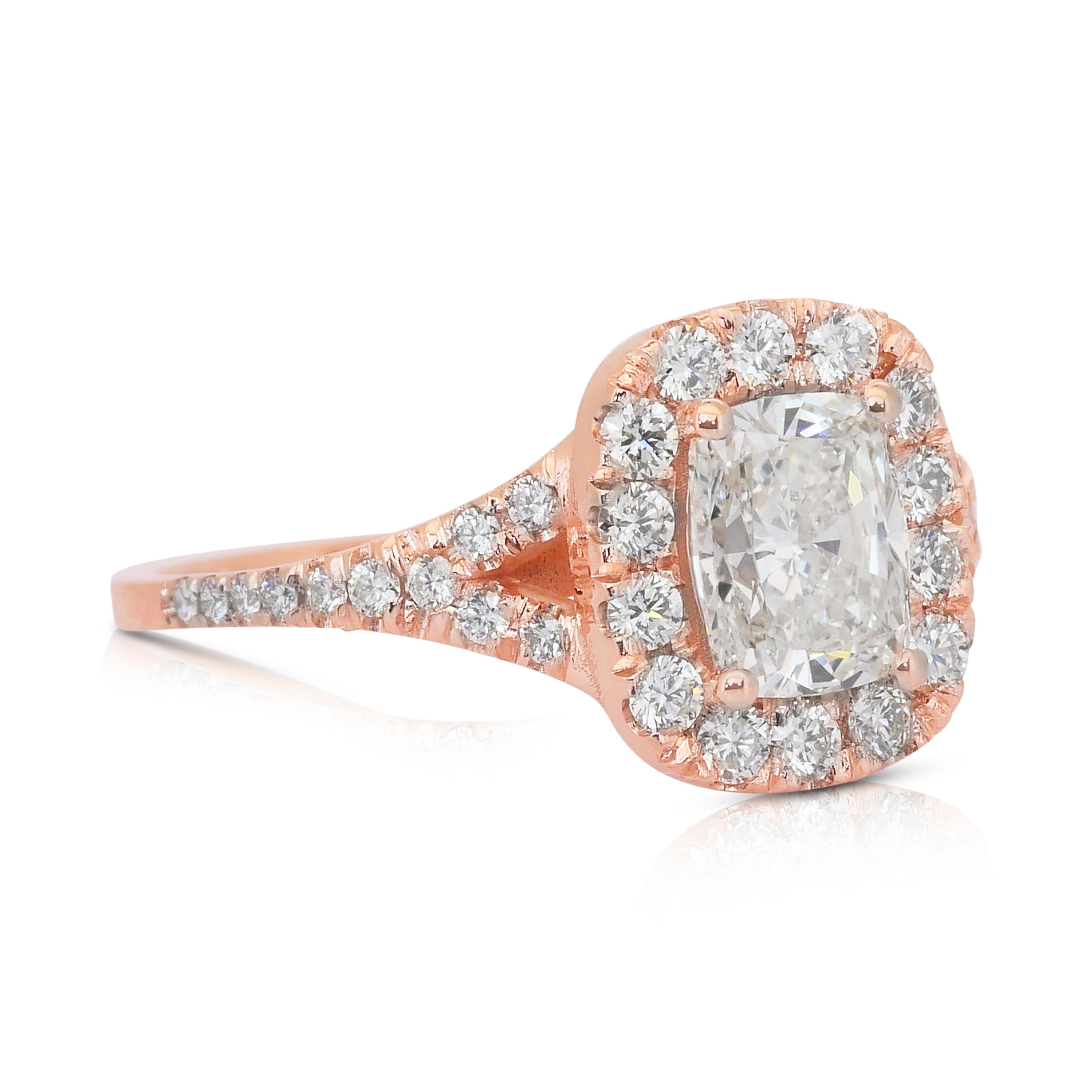 Cushion Cut Luminous 1.64ct Diamonds Halo Ring in 18k Rose Gold - IGI Certified For Sale