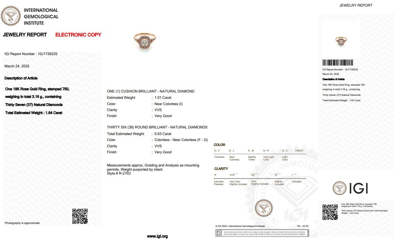 Luminous 1.64ct Diamonds Halo Ring in 18k Rose Gold - IGI Certified For Sale 1