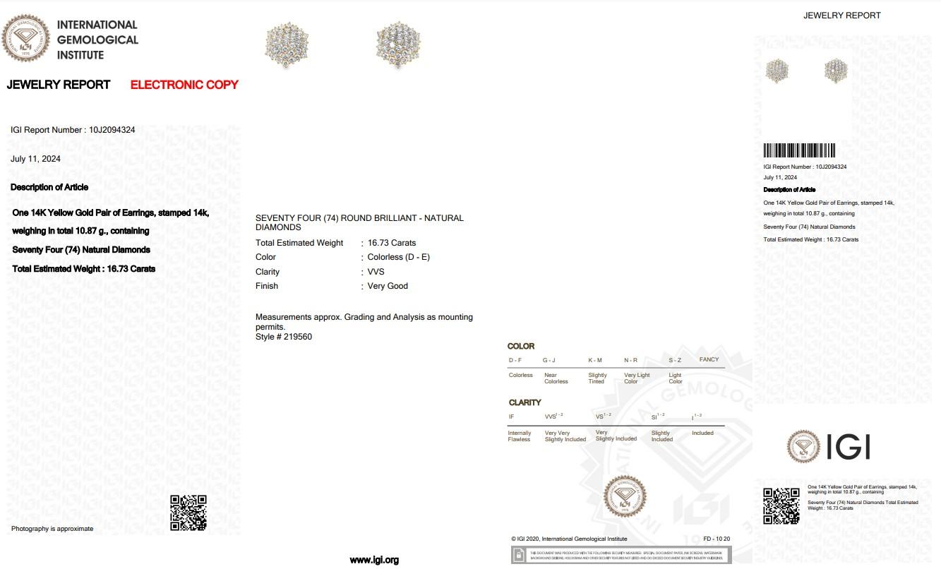Orecchini con diamanti Luminous da 16,73 carati in oro giallo 14k - certificati IGI in vendita 1