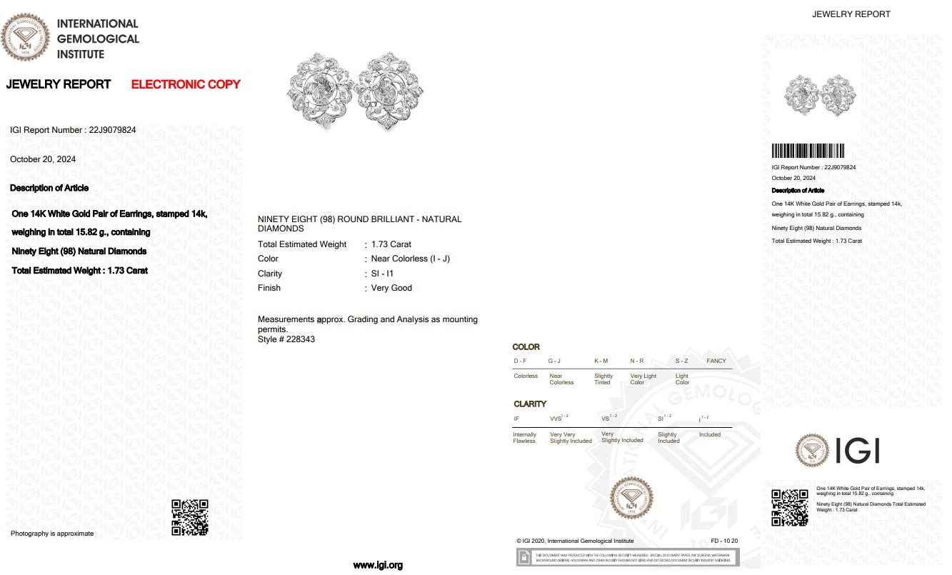 Donna Orecchini con diamanti Luminous da 1,73 carati in oro bianco 14 carati - certificati IGI in vendita