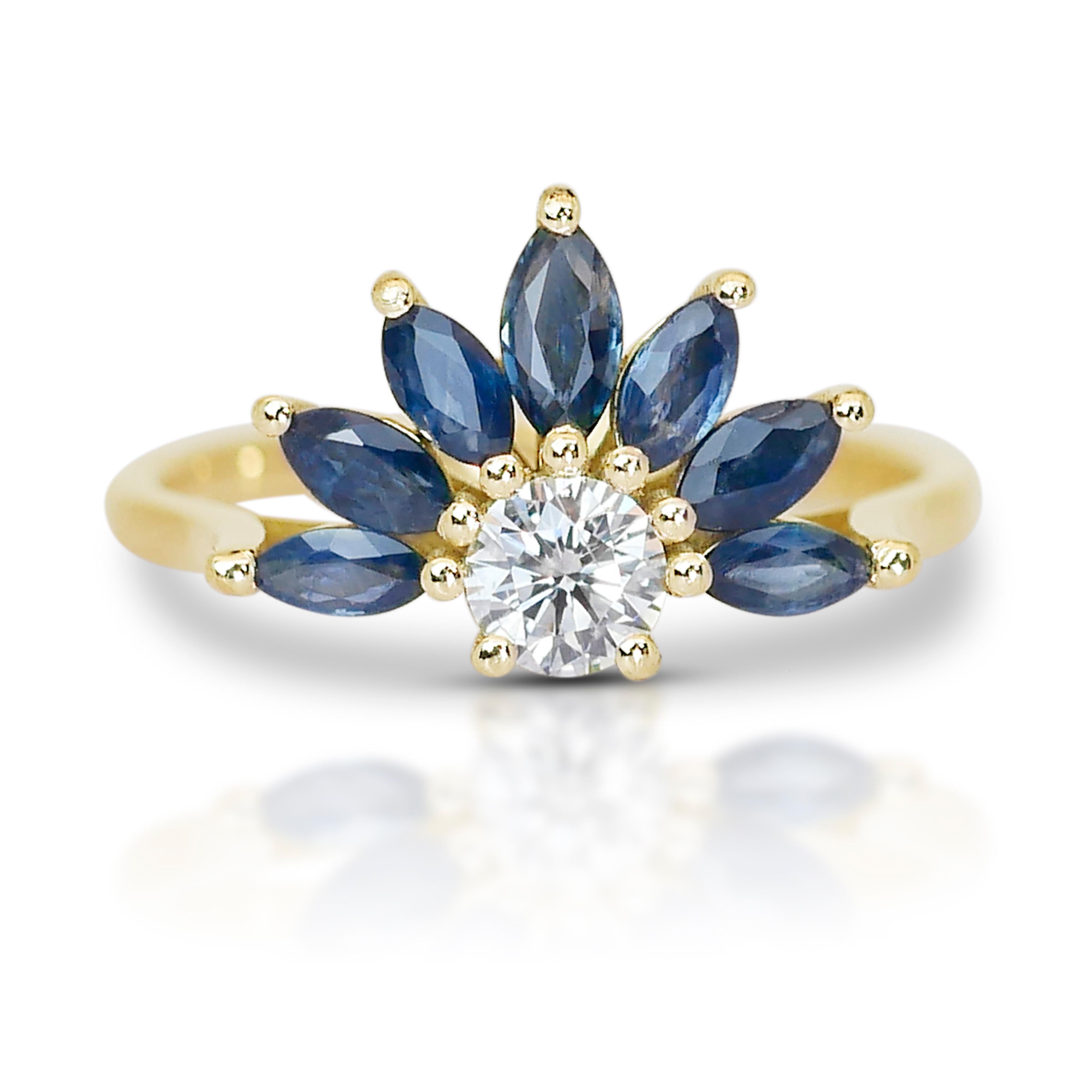 Enchanting 18K Yellow Gold Natural Diamond and Sapphire Ring w/1.40ct

Illuminate your style with our enchanting 18K yellow gold diamond and sapphire ring. At its center, a captivating round-cut diamond main stone weighing 0.40 carats, surrounding