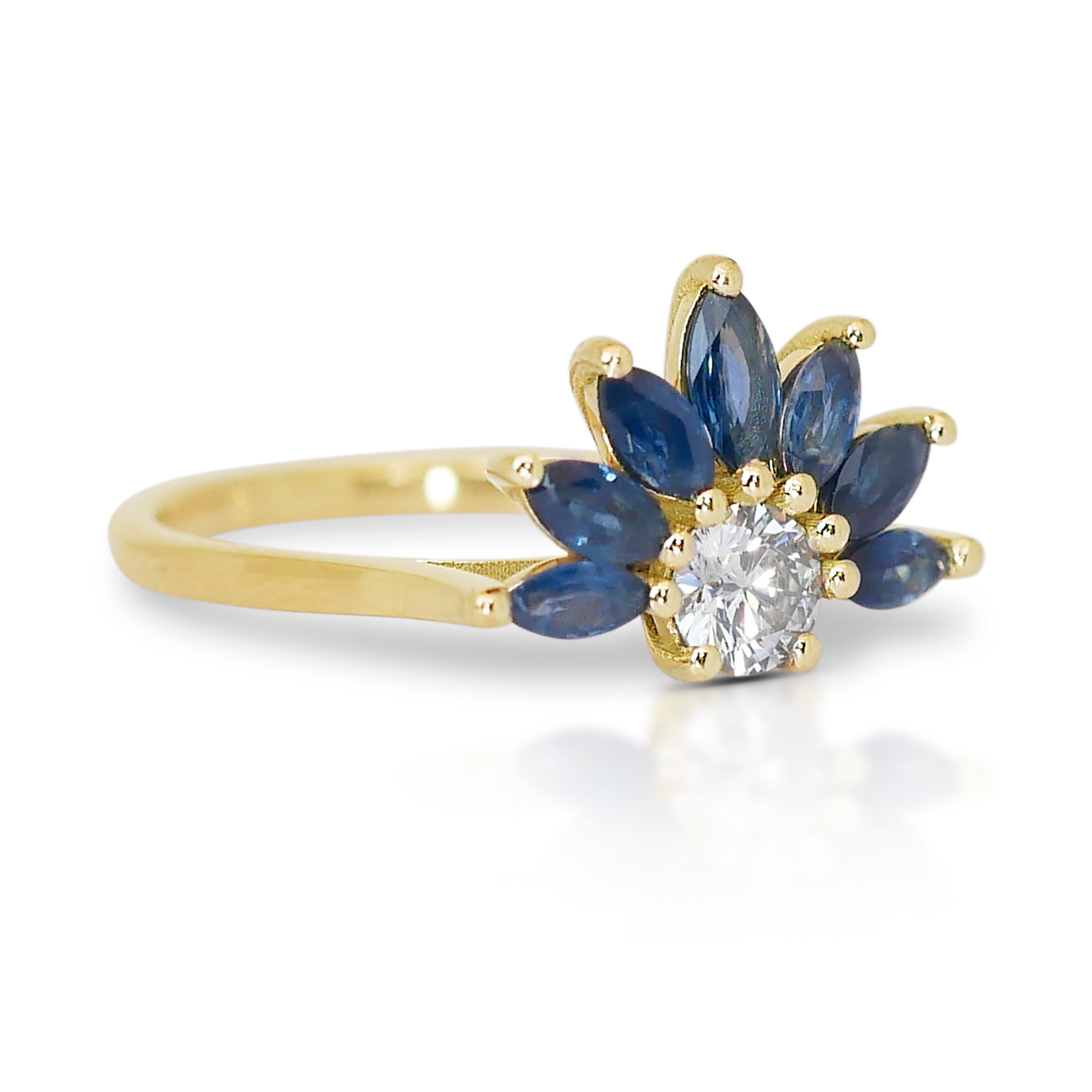 Round Cut Enchanting 18K Yellow Gold Natural Diamond and Sapphire Ring w/1.40ct - IGI Cert For Sale