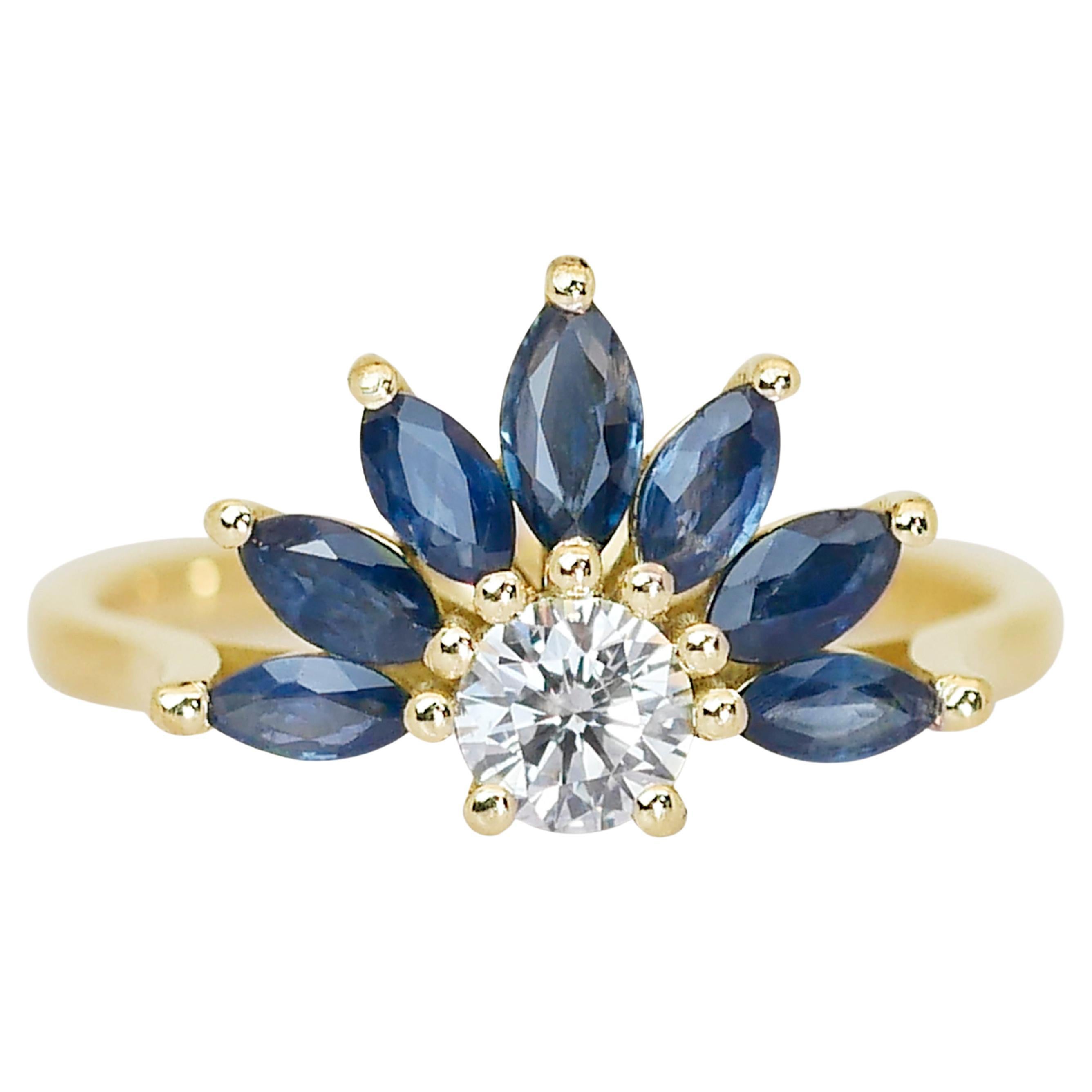 Enchanting 18K Yellow Gold Natural Diamond and Sapphire Ring w/1.40ct - IGI Cert For Sale