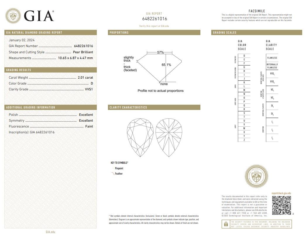 Luminous 2.01ct Ideal Cut Pear-Shaped Diamond - GIA Certified

Celebrate unmatched purity and brilliance with this radiant 2.01-carat pear-shaped diamond. The elegant pear shape combines the best of both brilliance and unique design, making it a