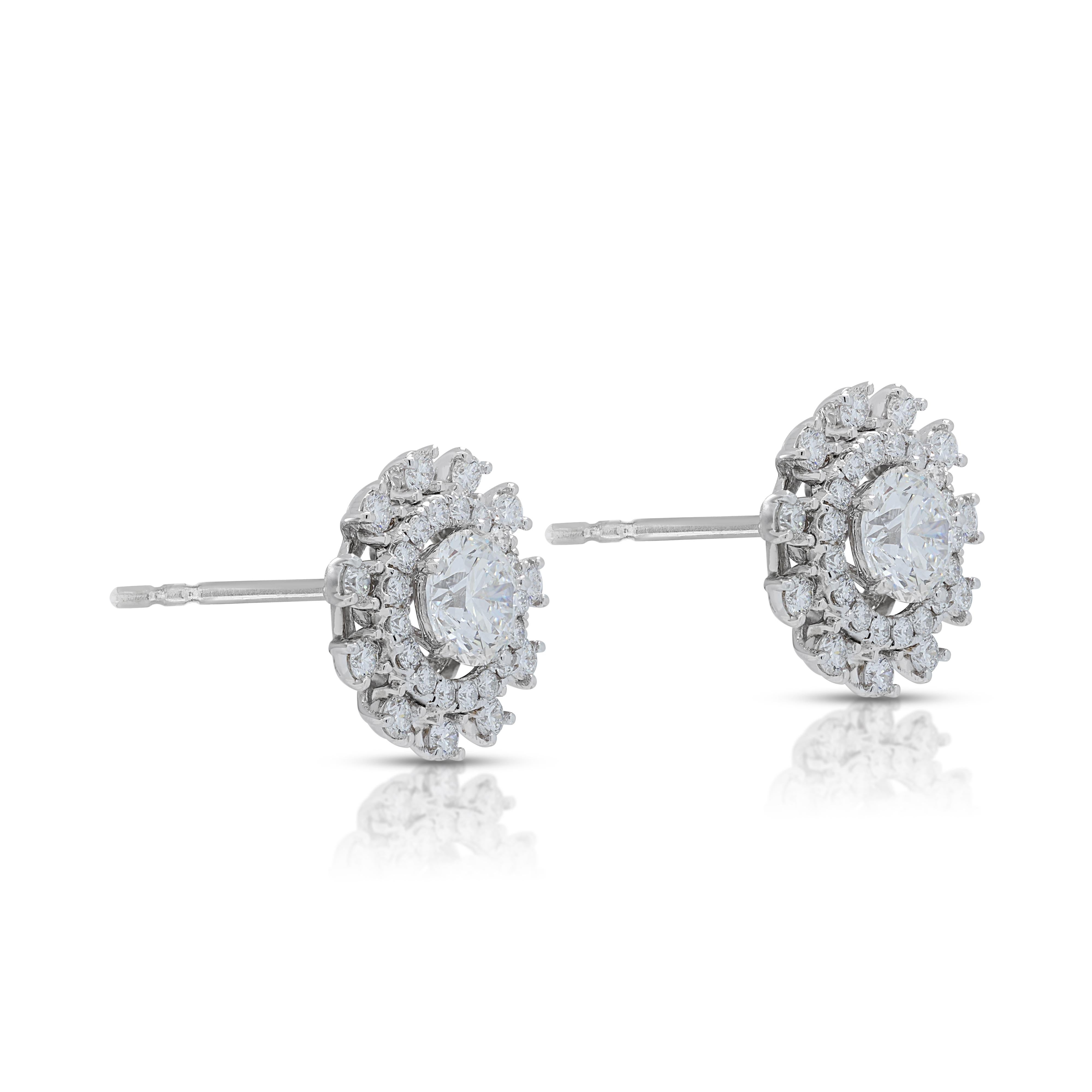Round Cut Luminous 2.22ct Diamond Halo Stud Earrings in 18K White Gold  For Sale