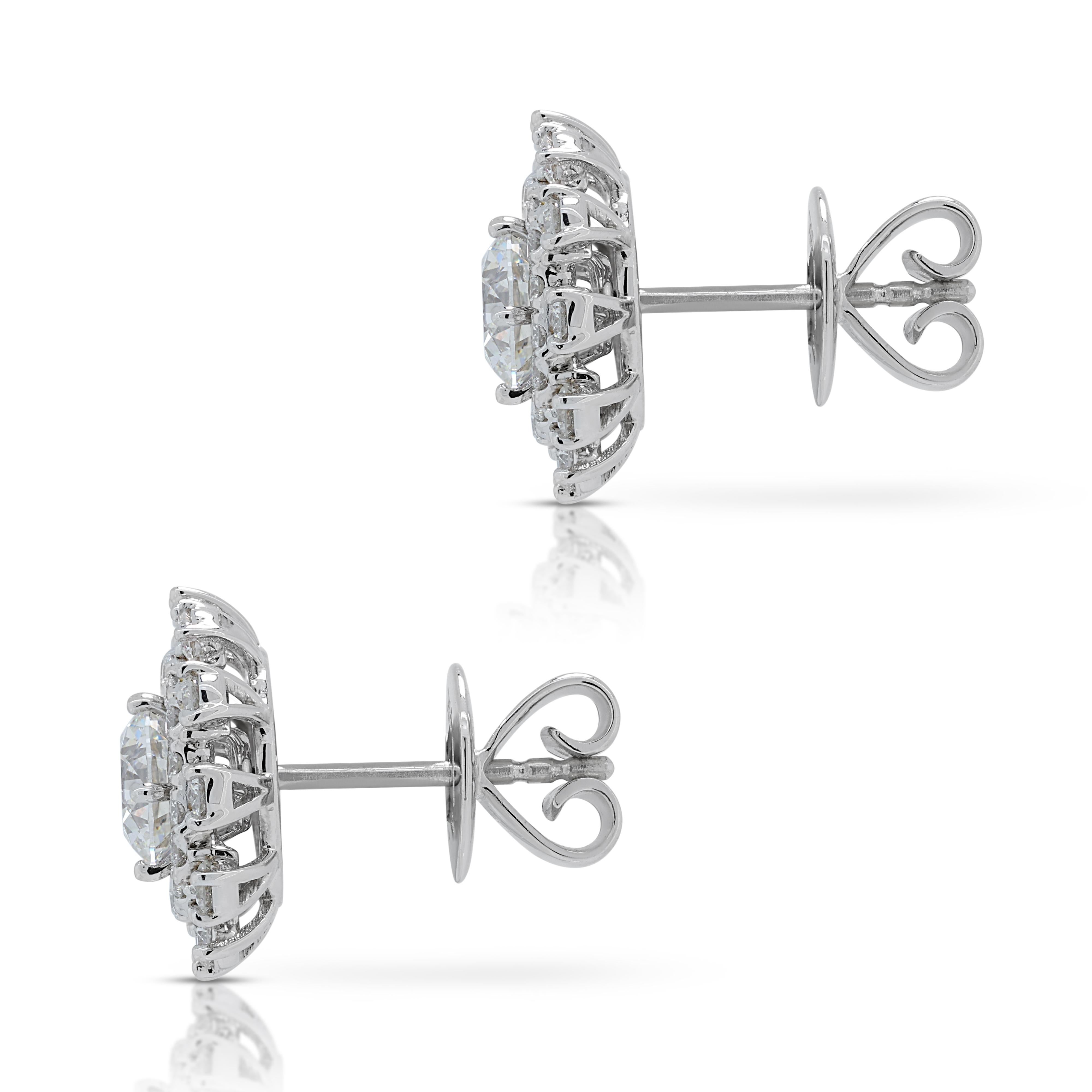 Women's Luminous 2.22ct Diamond Halo Stud Earrings in 18K White Gold  For Sale