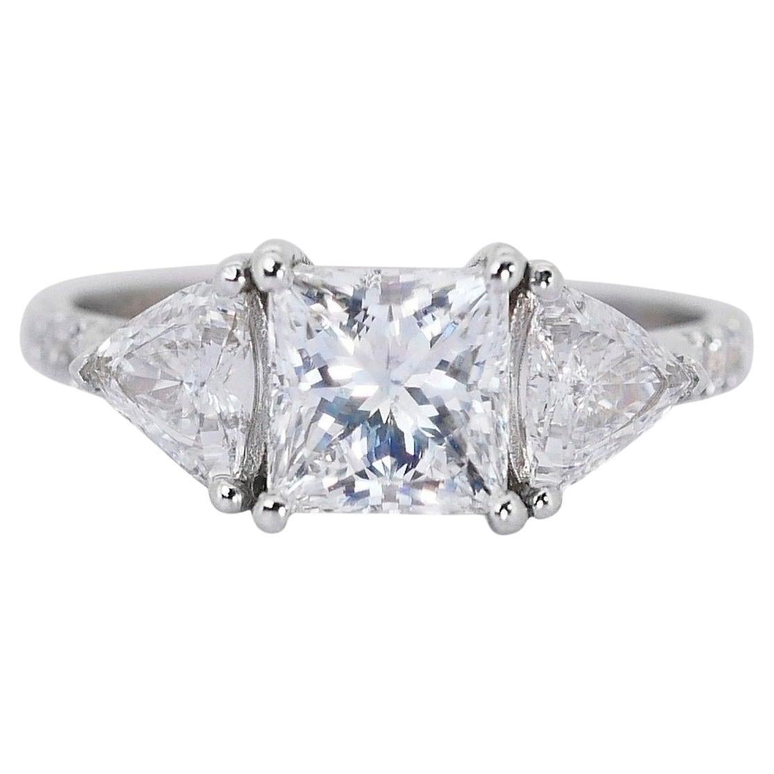 Luminous 2.59ct Diamonds 3-Stone Ring in 18k White Gold - GIA Certified For Sale