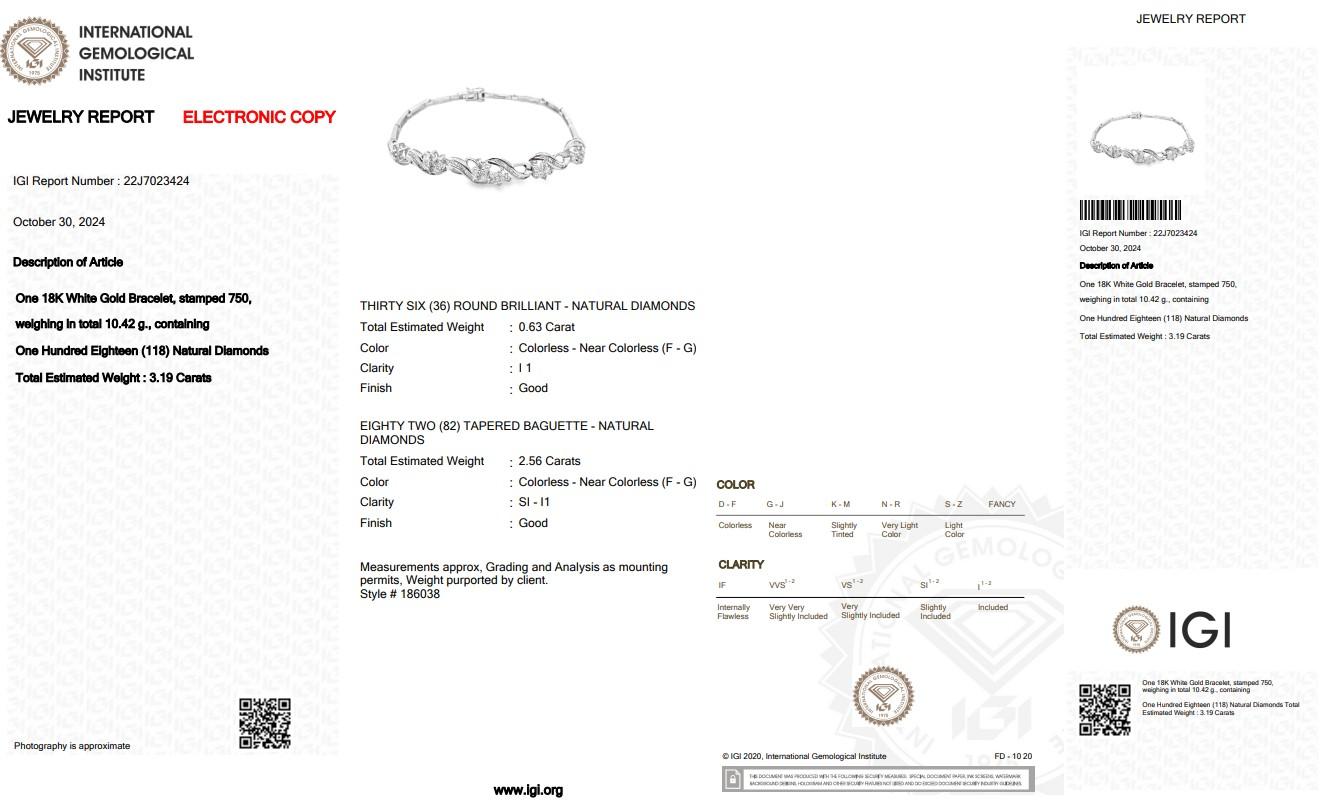 Bracelet lumineux en or blanc 18 carats avec diamants naturels de 3,19 carats, certifié IGI en vente 1