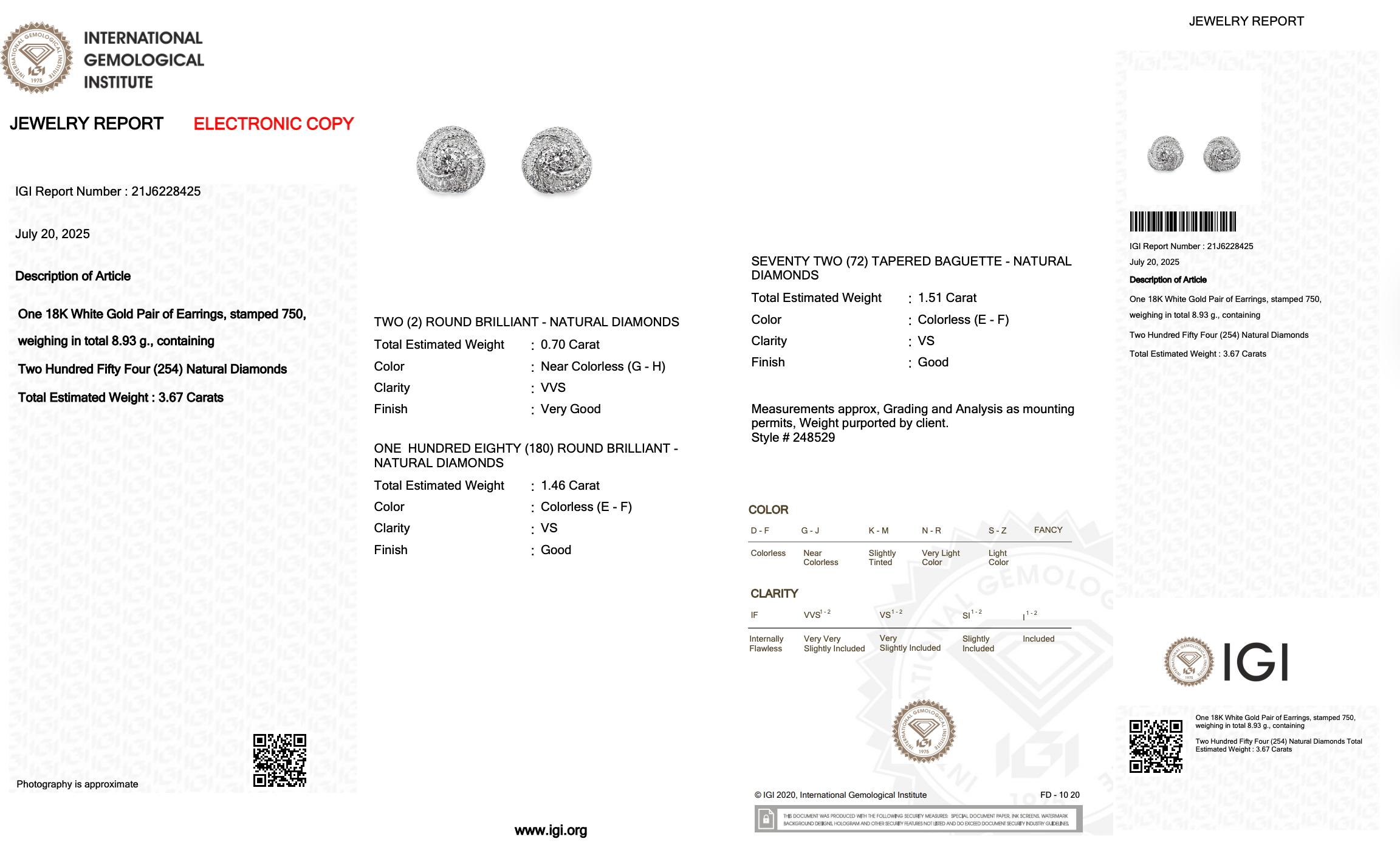 Boucles d'oreilles Luminous 3.67ct Diamonds in 18k White Gold - IGI Certified Pour femmes en vente