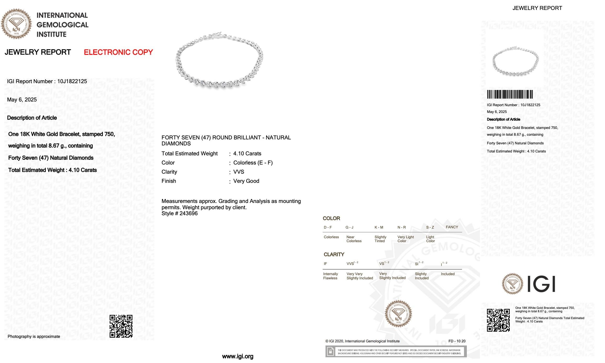 Pulsera Luminosa de Diamantes de 4,10ct en Oro Blanco de 18k - Certificado IGI en venta 1